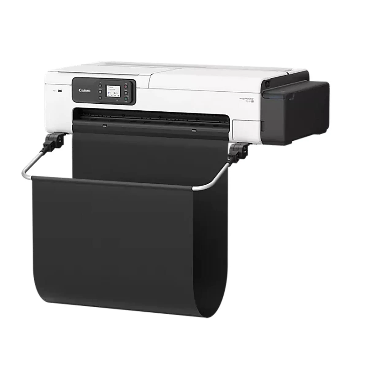 Een witte Canon printer met een zwarte papieropvangbak en opgerold zwart papier.