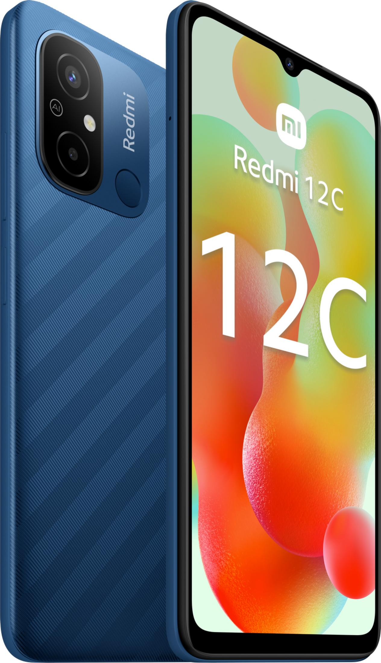 Smartphone Redmi 12C azul con unidad de cámara y patrón de rayas.