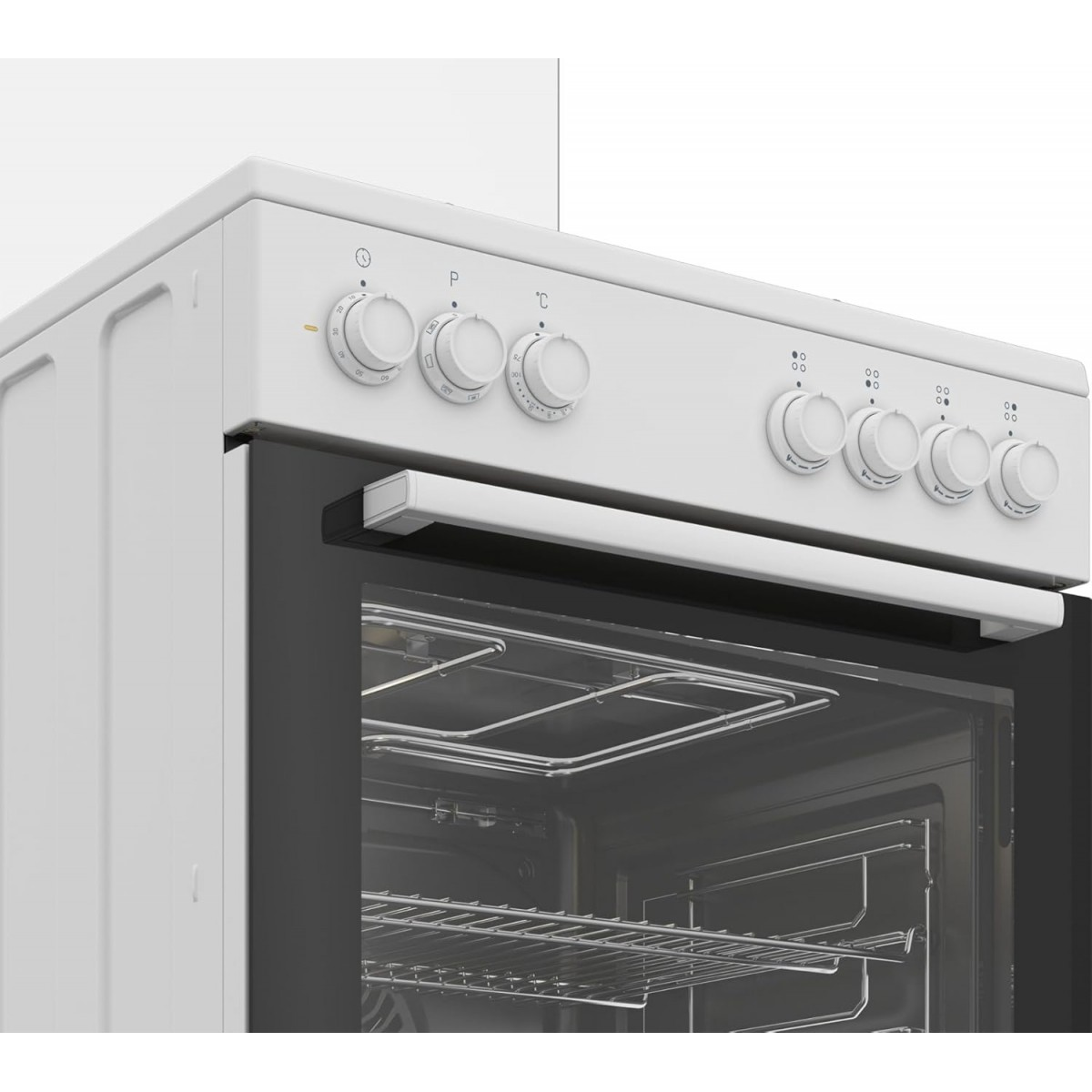 Un forno bianco con manopole di controllo del piano cottura e finestra.
