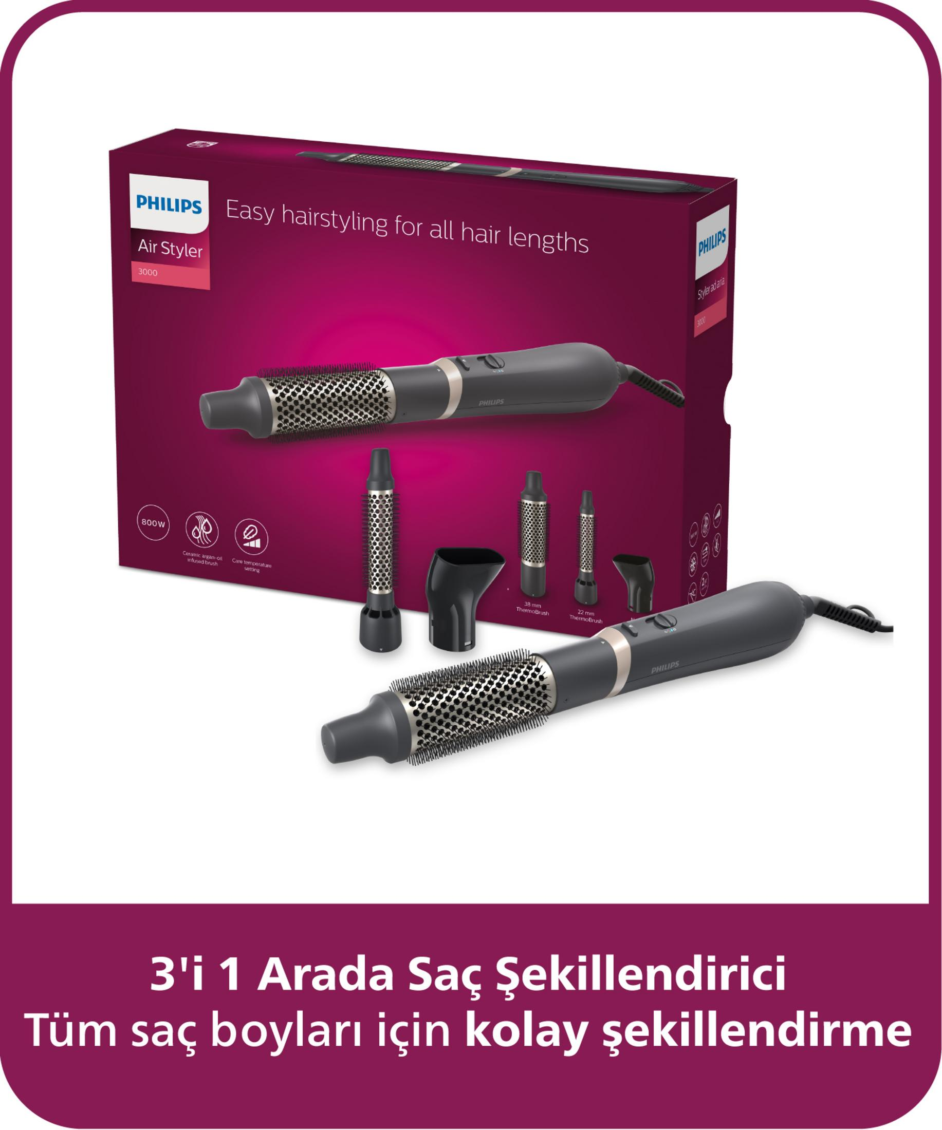Philips Air Styler 3000 con accessori: spazzole rotonde, ugello concentratore.