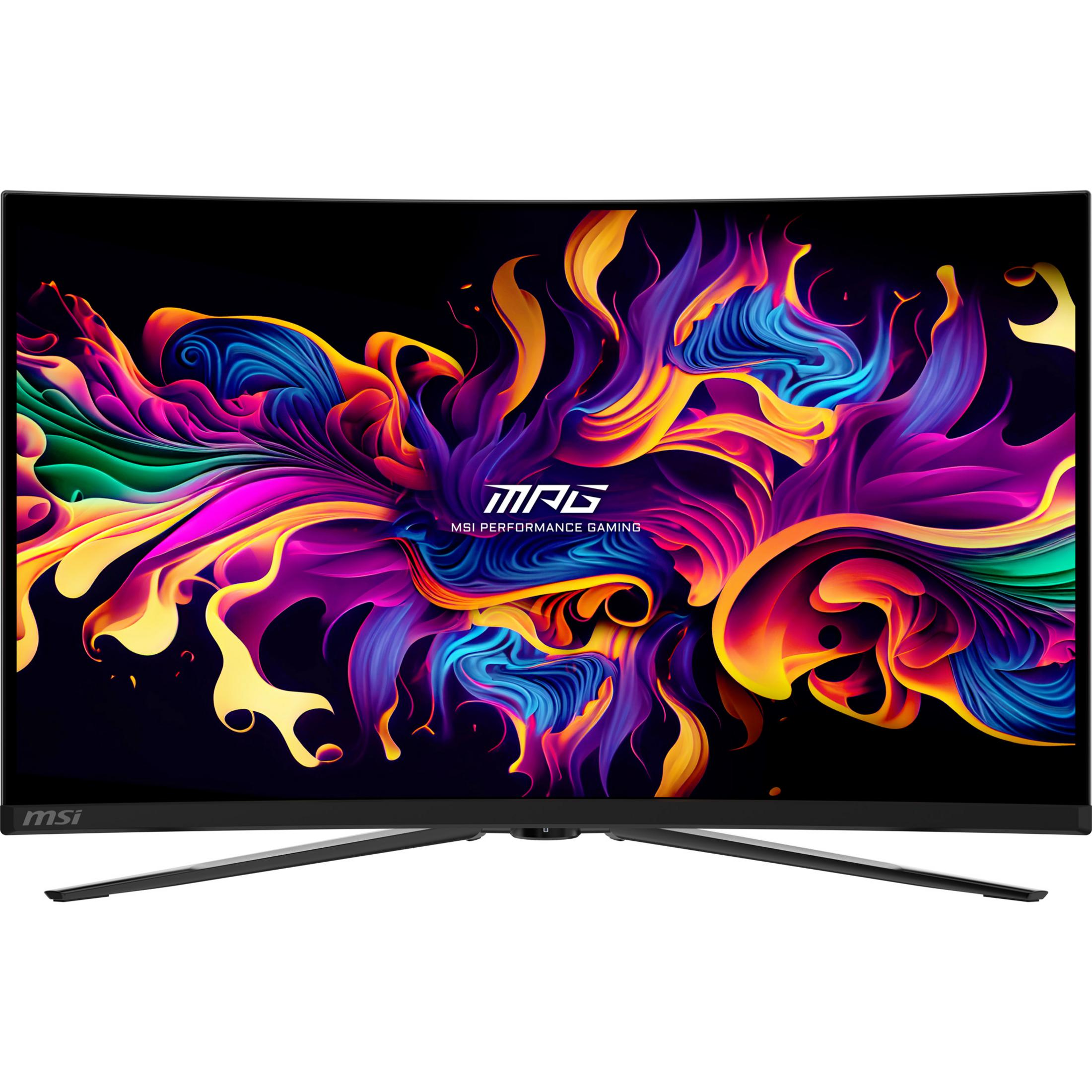 Un monitor curvo con un design astratto, colorato e vibrante.