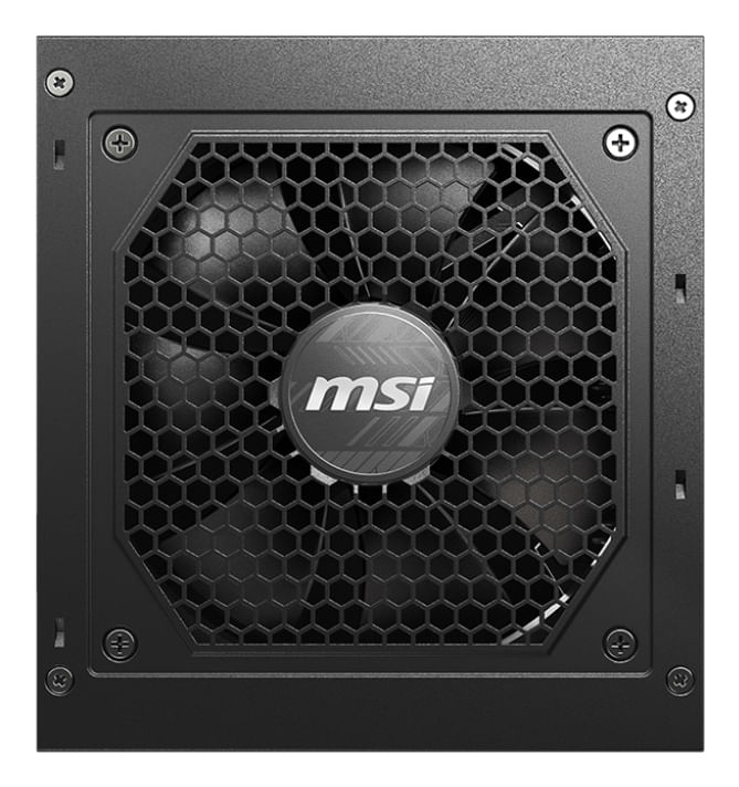 Ein schwarzer Netzteil-Lüfter mit MSI-Logo in der Mitte, umgeben von einem sechseckigen Gitter.