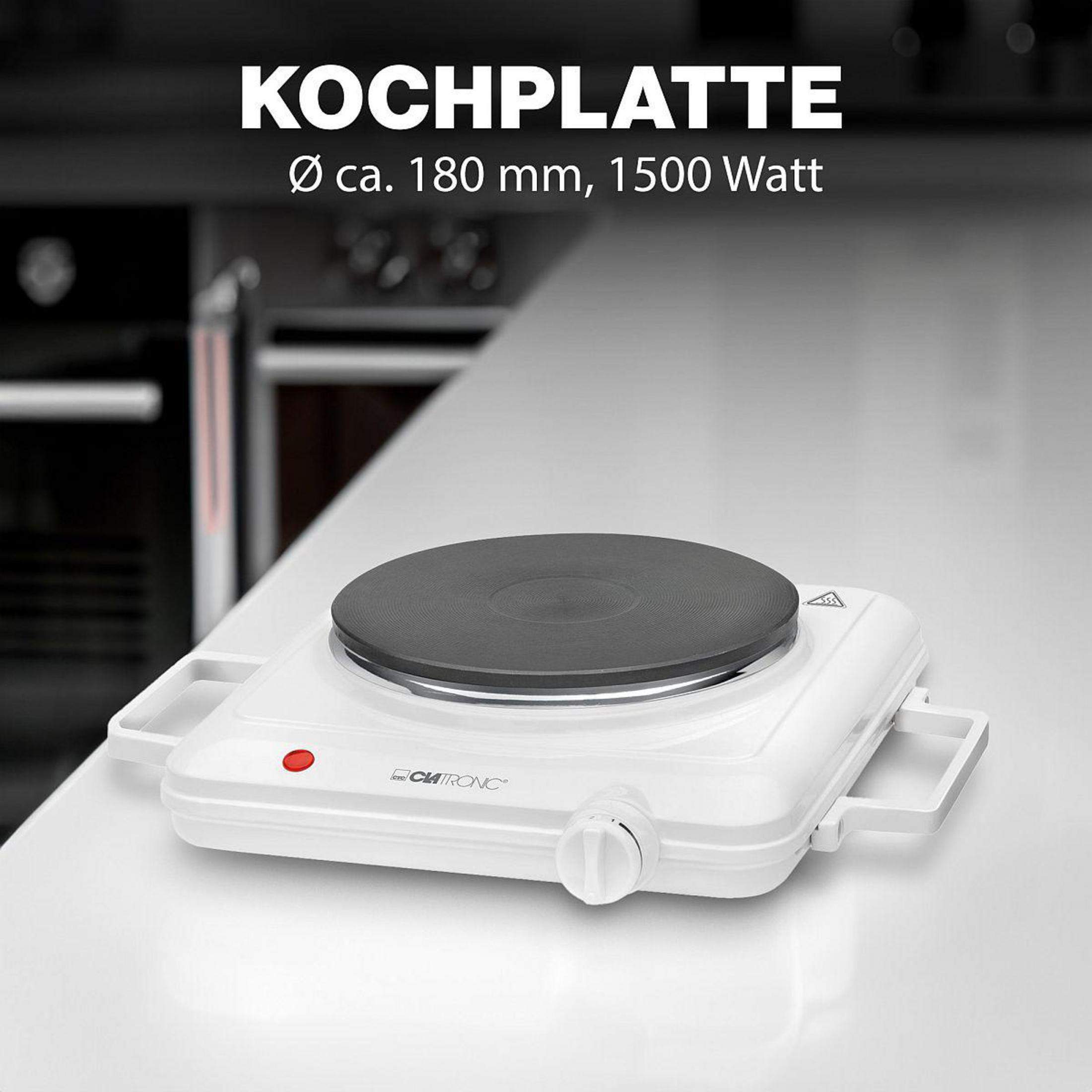 Weiße Kochplatte mit schwarzer Heizfläche, rotem Lämpchen und Drehregler.