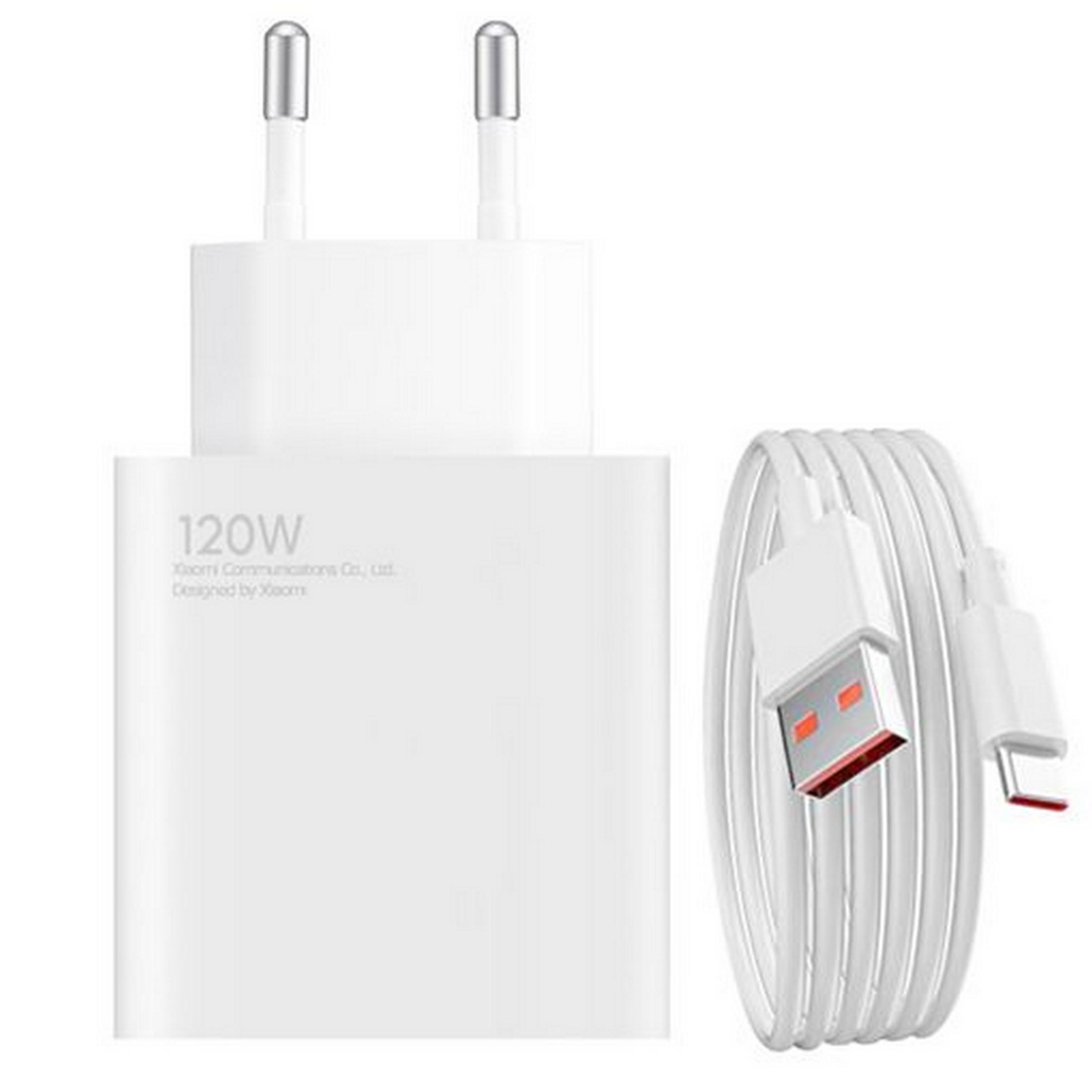 A white Xiaomi 120W charger with a white USB cable.