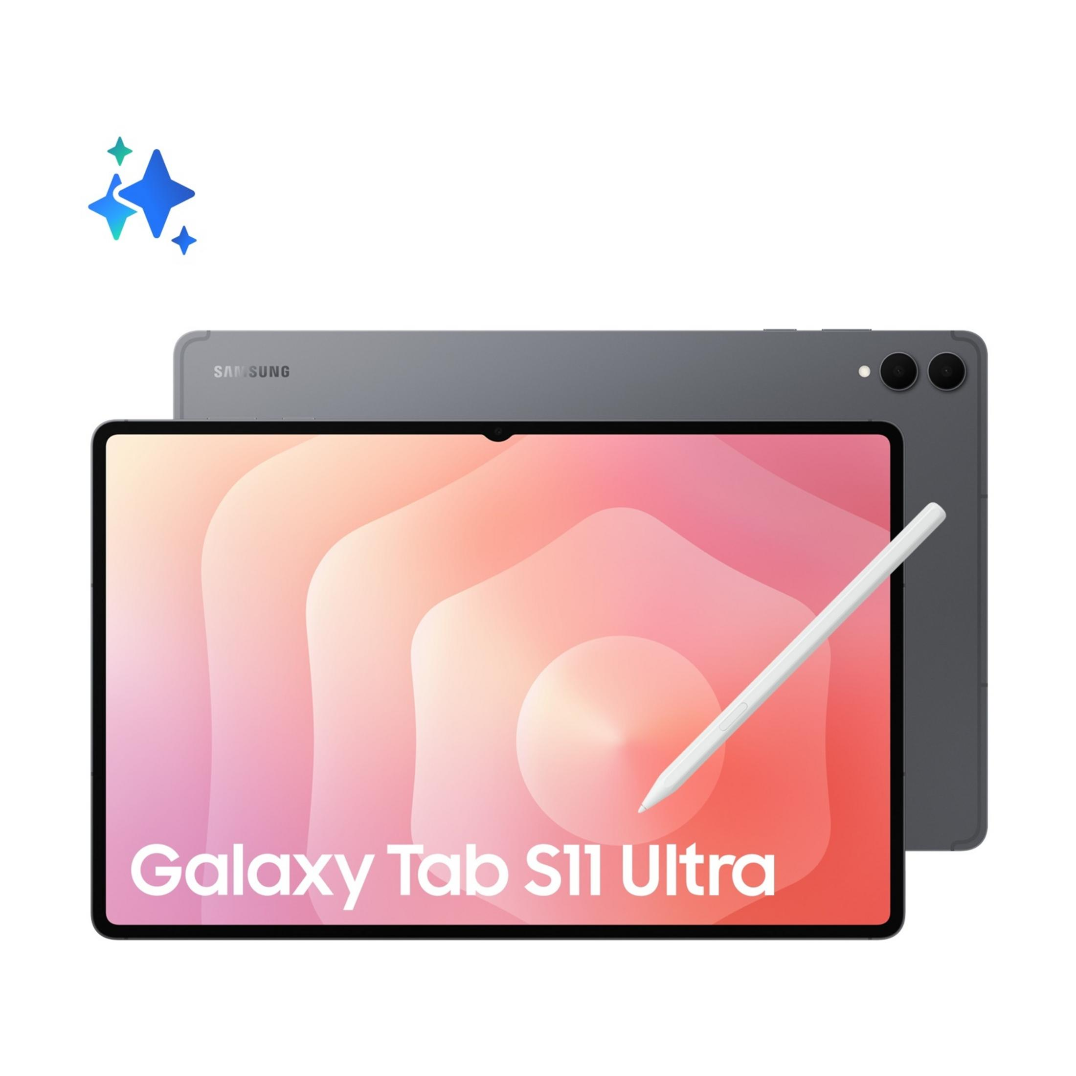 Ein graues Samsung Galaxy Tab S11 Ultra mit Stift auf dem Bildschirm.