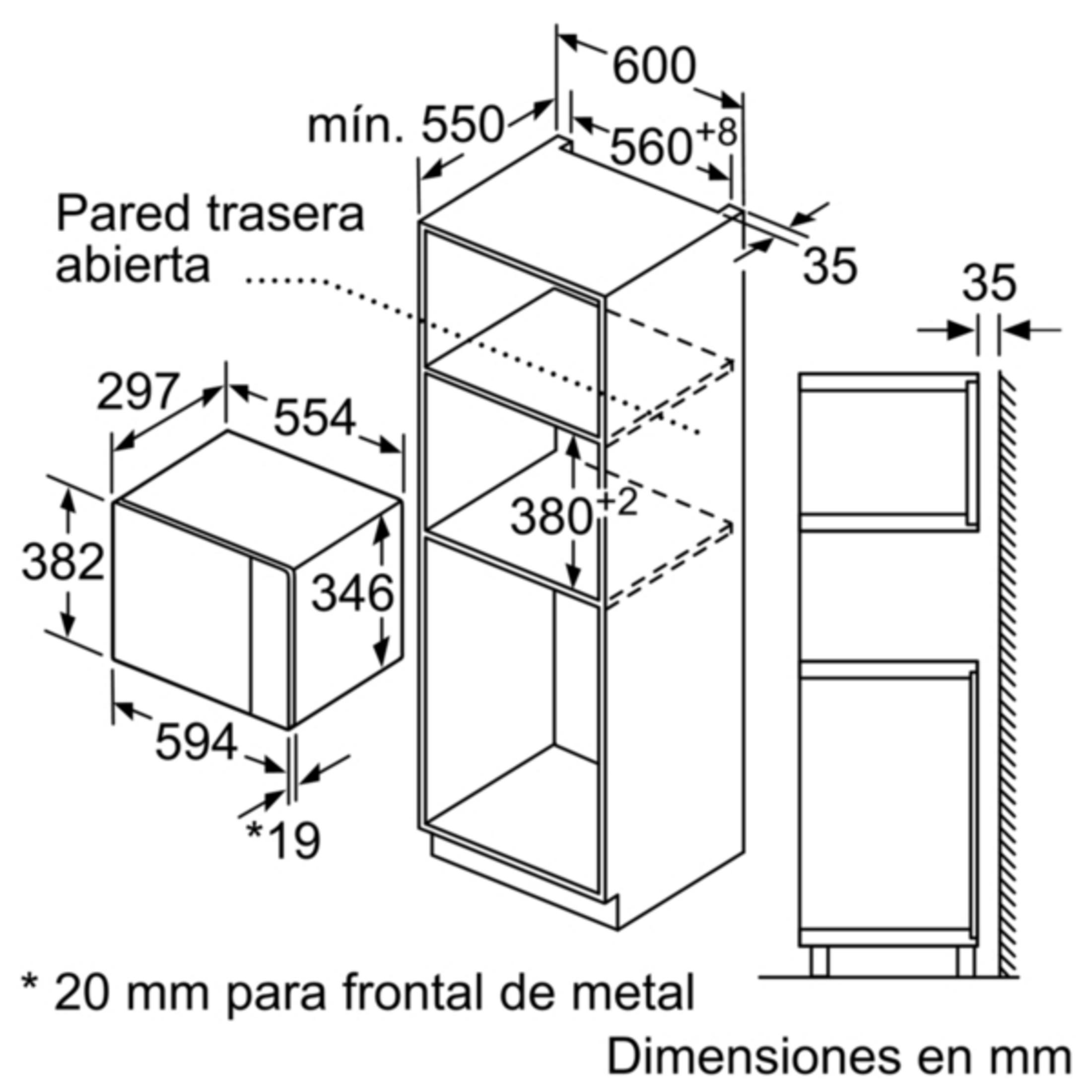 Dibujo técnico de un mueble de empotrar con medidas en mm. Panel trasero abierto.