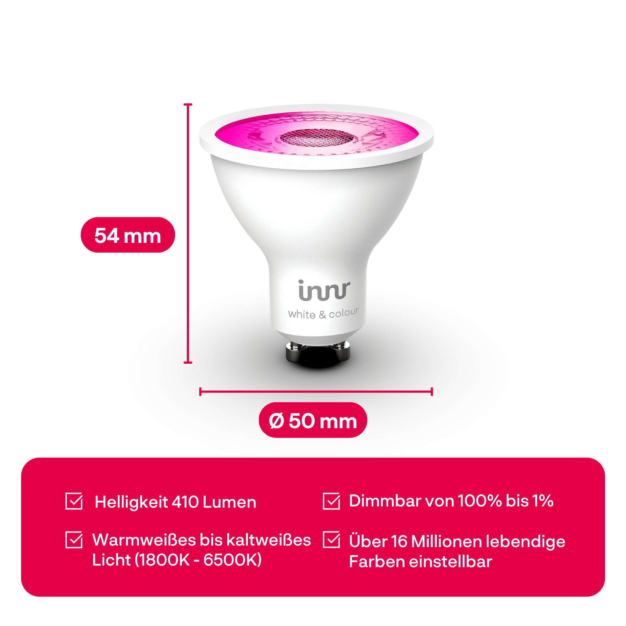 Ampoule blanche avec lumière rose, 54mm haut, 50mm diamètre. Dimmable, 16 millions couleurs.