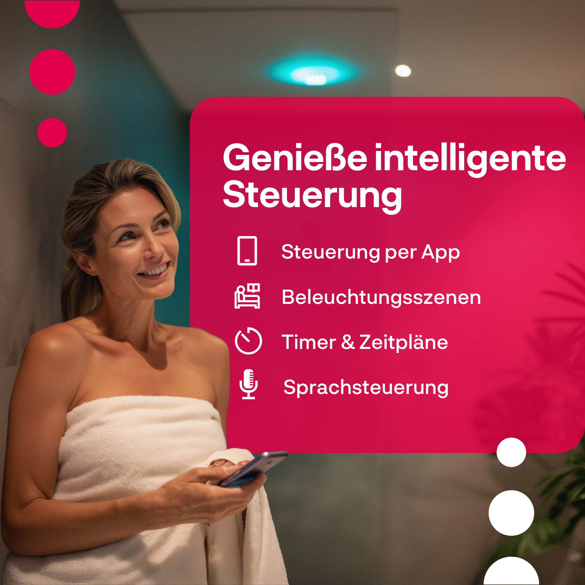 Femme en serviette avec smartphone, contrôle intelligent via app, lumière, minuteur, voix.