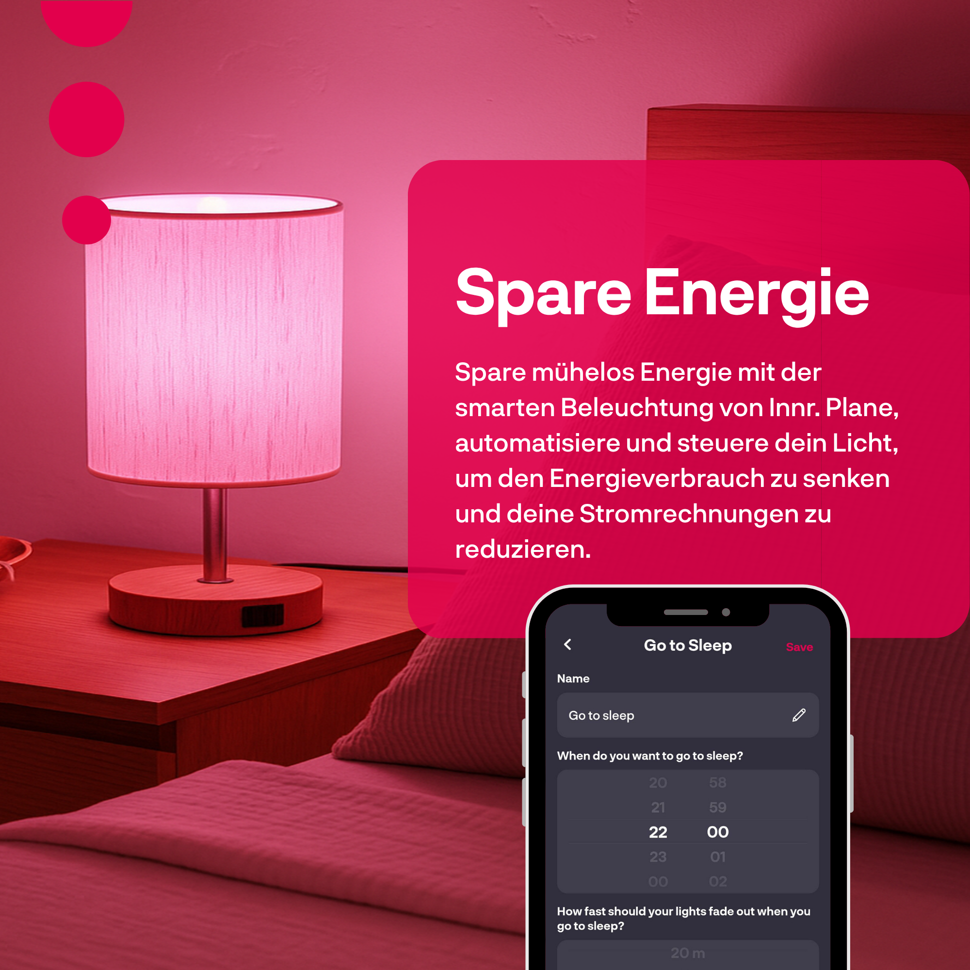 Une table de chevet avec une lampe et un téléphone affichant une application.