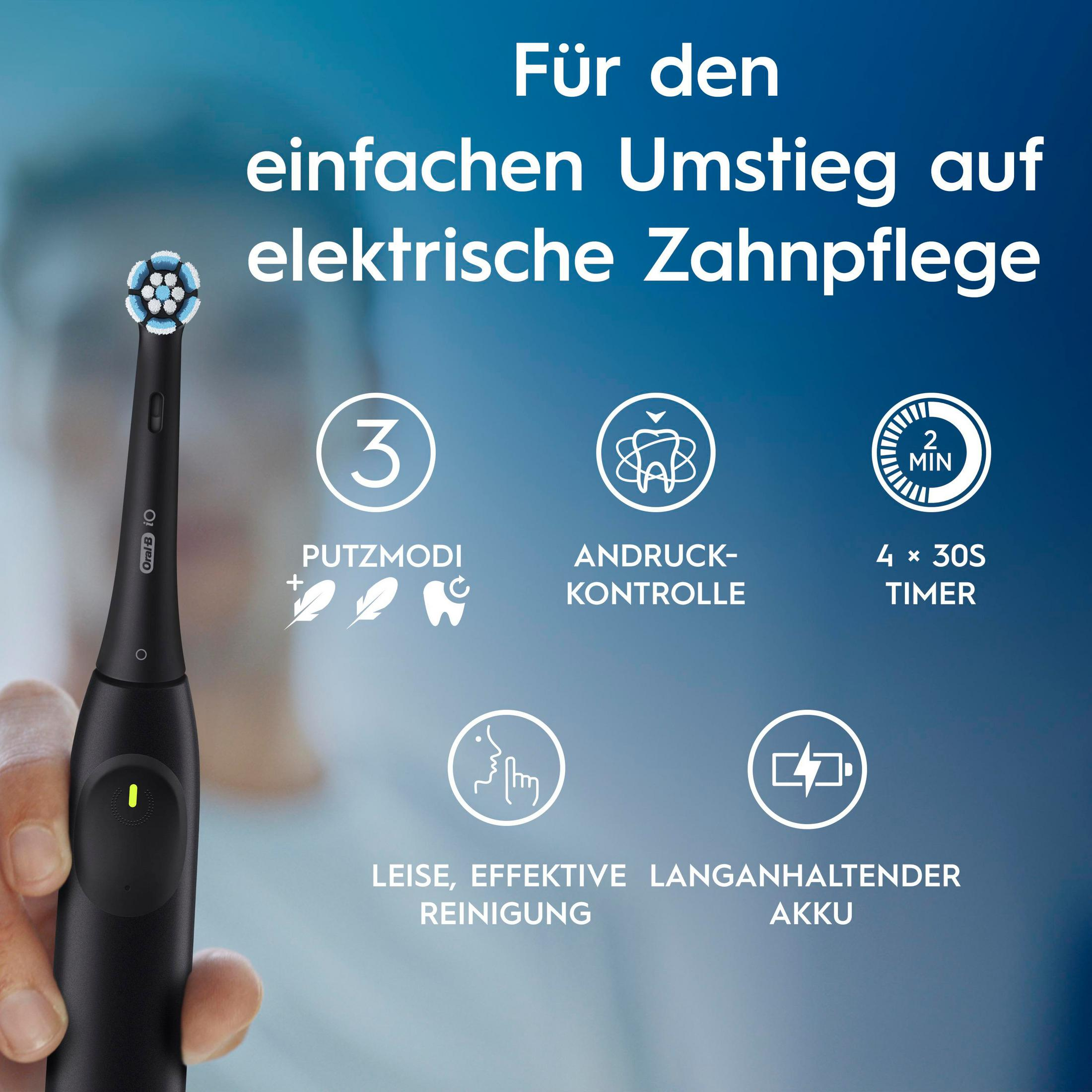 Spazzolino Oral-B nero con icone: 3 modalità, controllo pressione, timer.