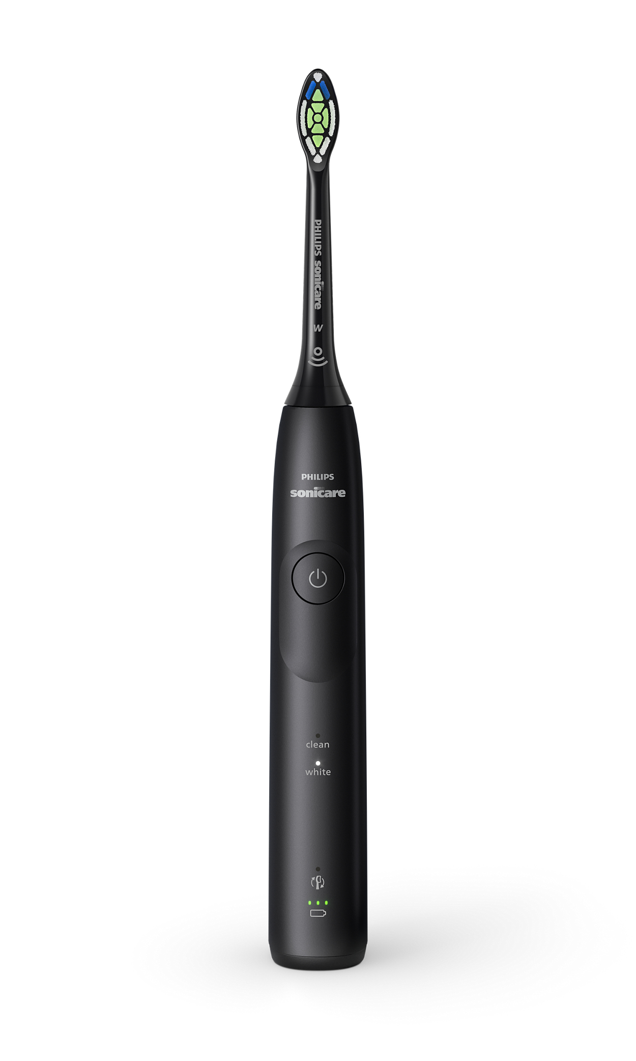 Cepillo de dientes eléctrico negro con mango blanco e indicador de carga.