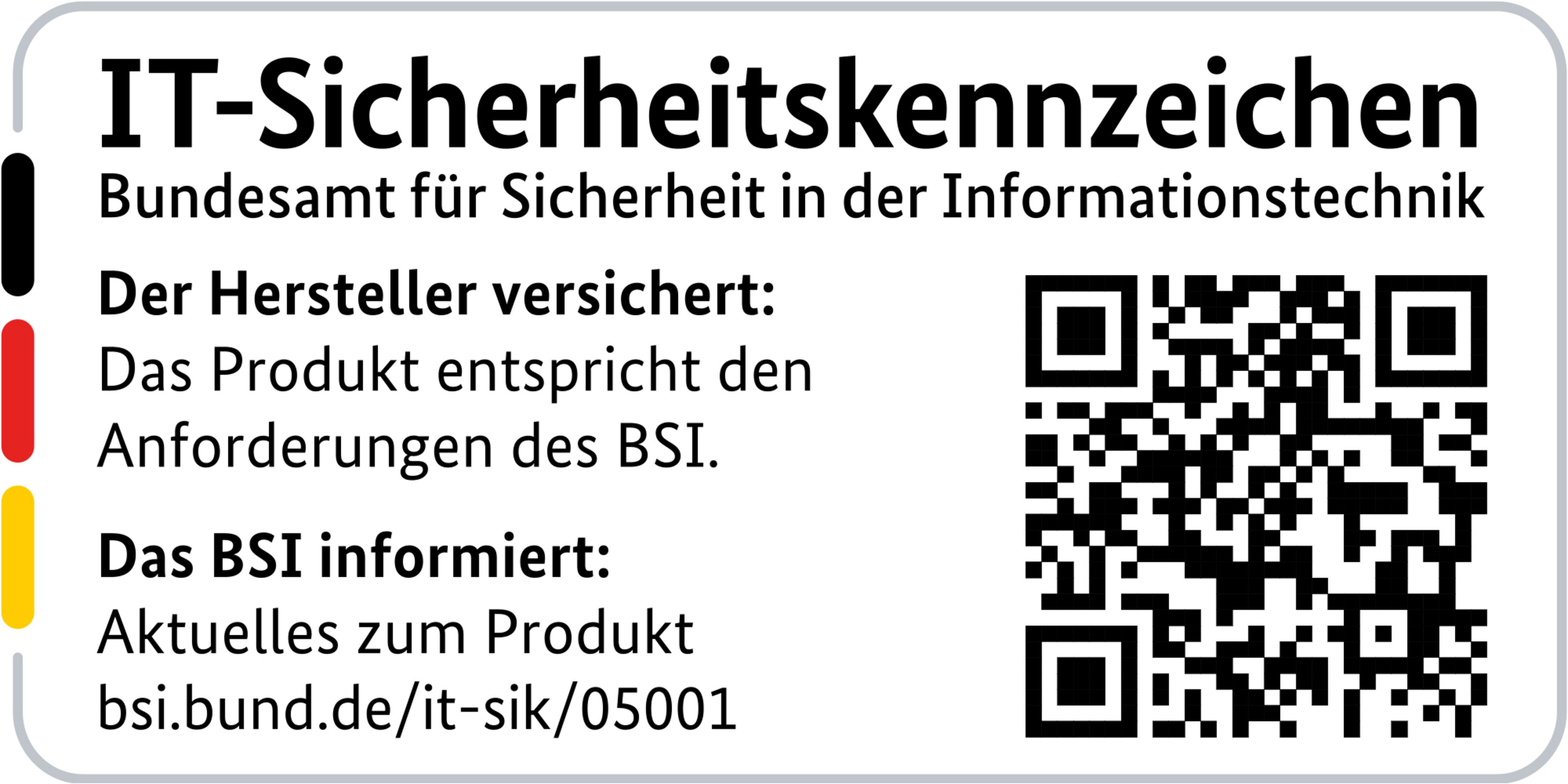 Znak bezpieczeństwa IT BSI z kodem QR i tekstem.