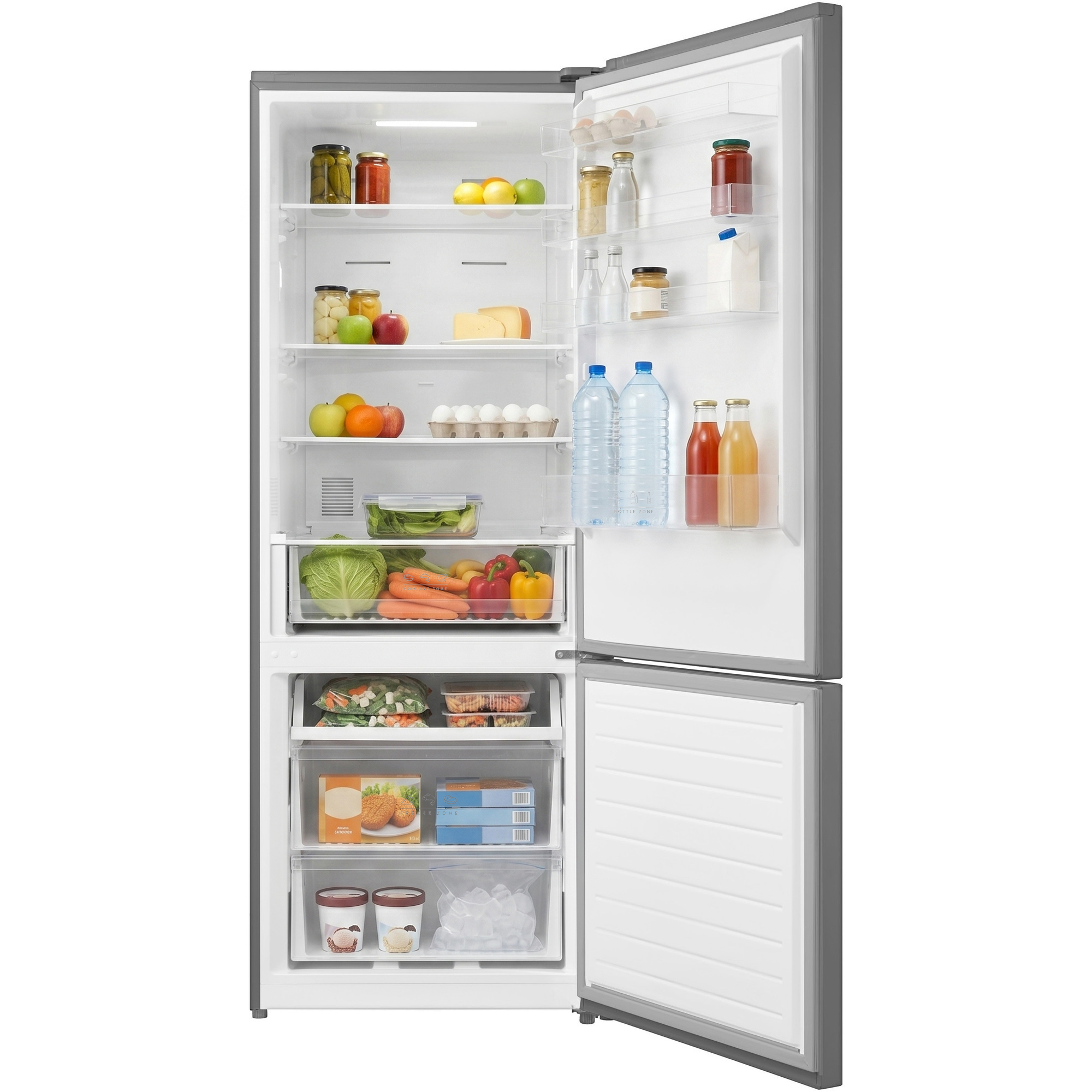 An open refrigerator filled with food items on shelves, including fruits, vegetables, eggs, and drinks.