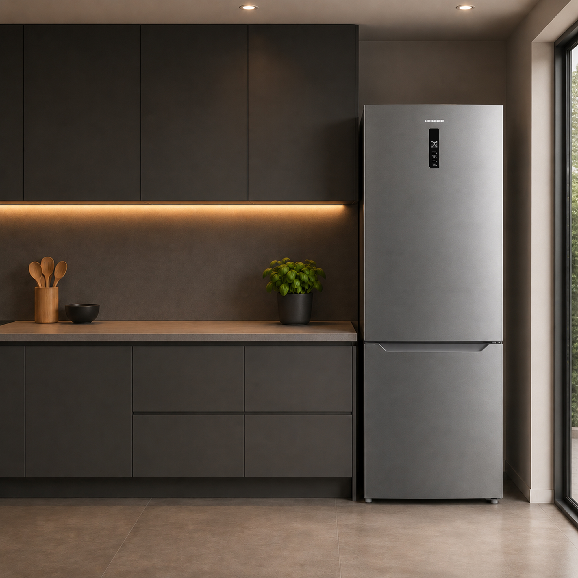 Modern kitchen with dark cabinets, a silver refrigerator, and a window.