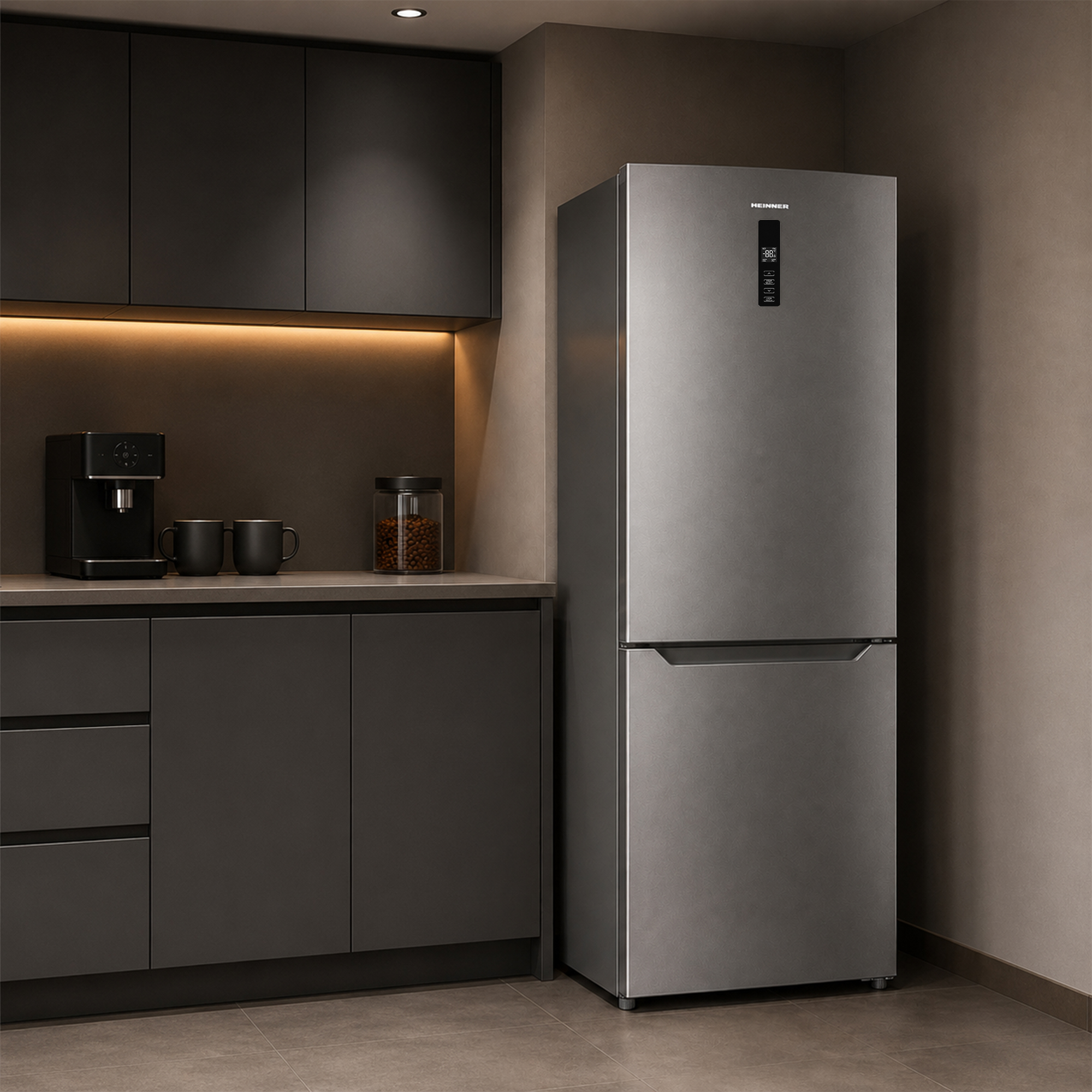Modern kitchen with grey refrigerator, coffee machine, cups, and coffee bean jar.
