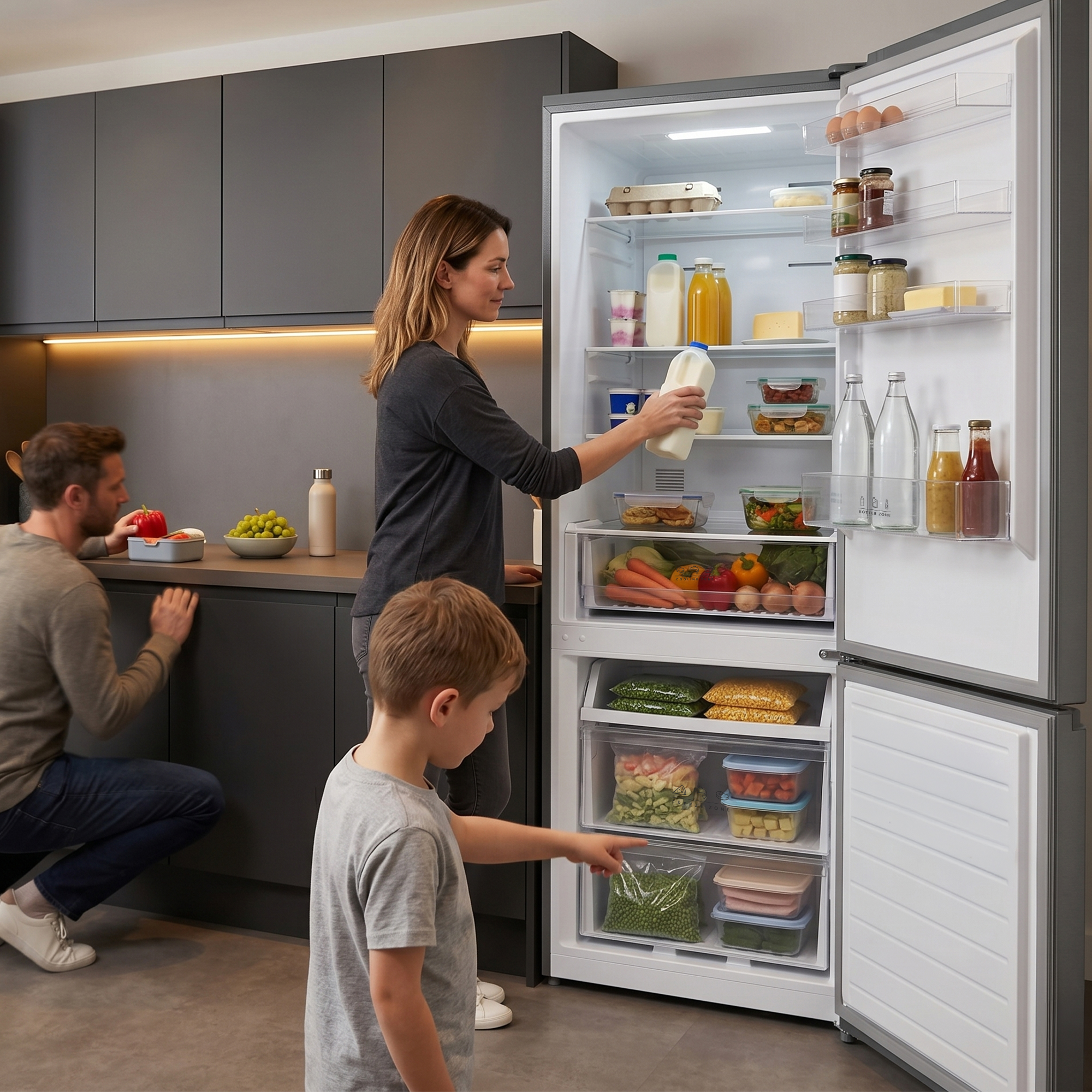 Family in kitchen, woman takes milk from open fridge.