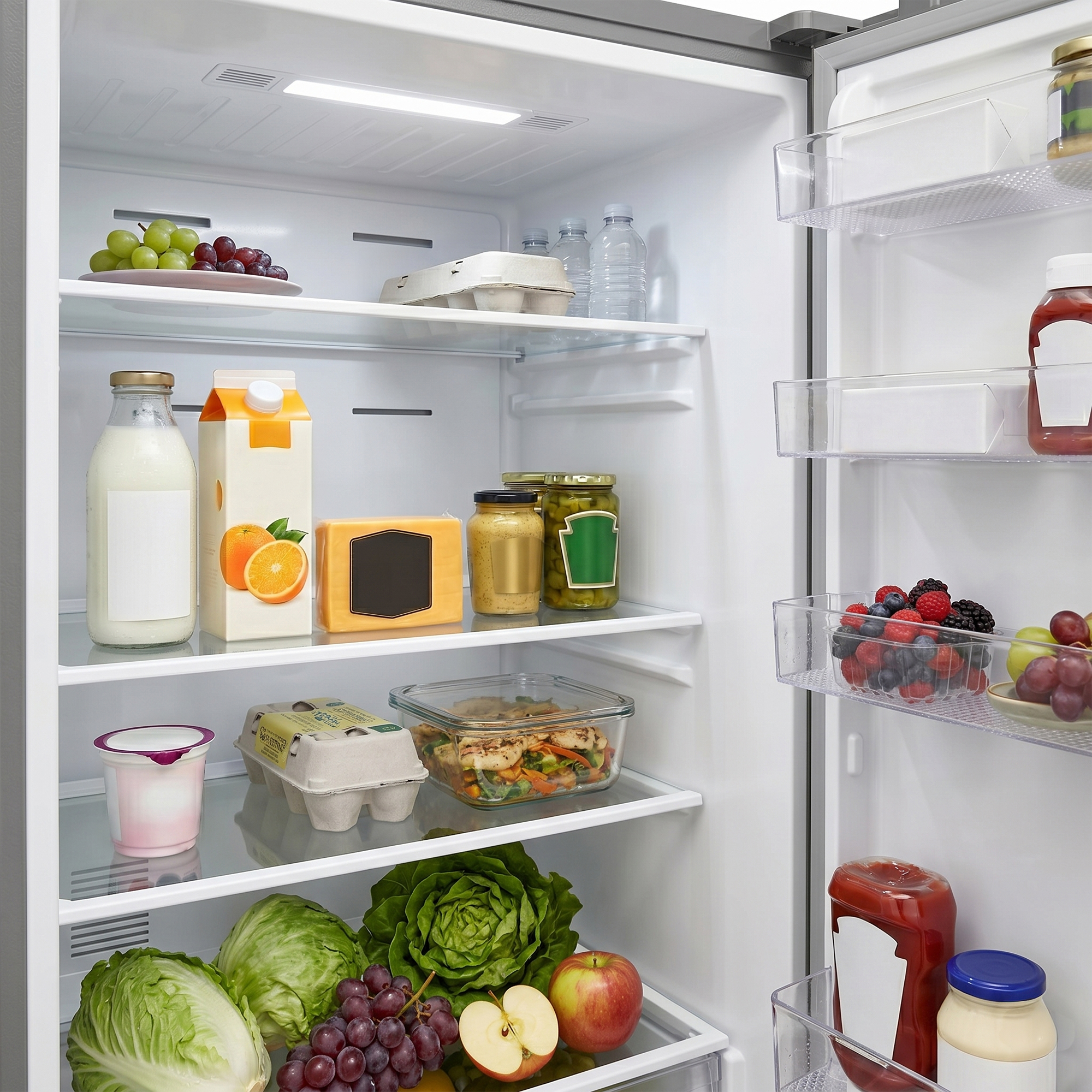 Open refrigerator with milk, juice, eggs, cheese, fruits, vegetables, and jars.