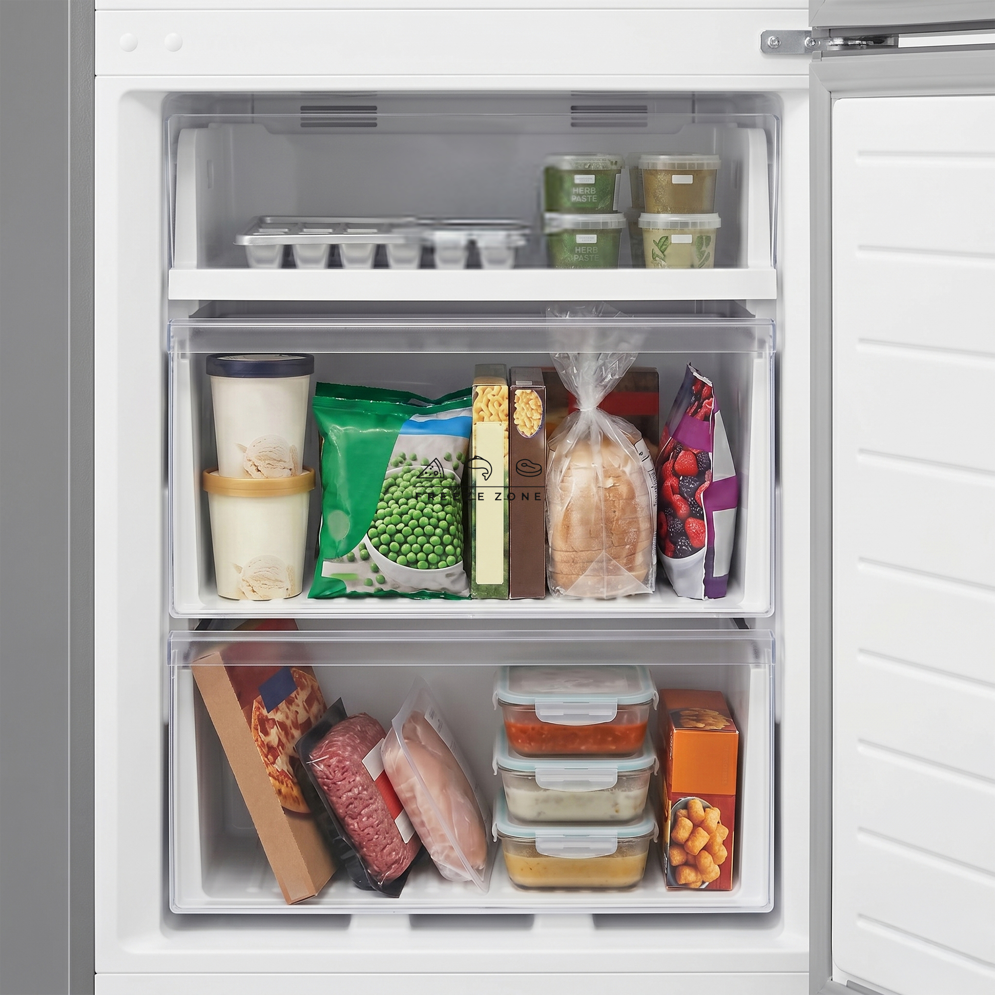Freezer filled with ice cream, peas, bread, berries, meat, and prepared meals.