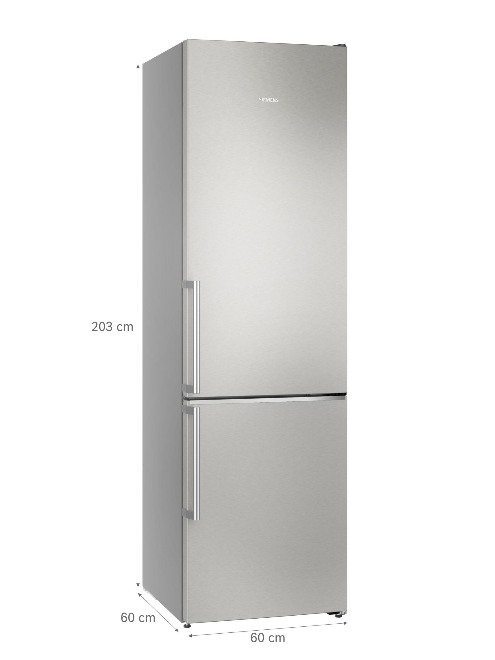 Un frigorifero Siemens argentato a due porte, dimensioni 203x60x60 cm.