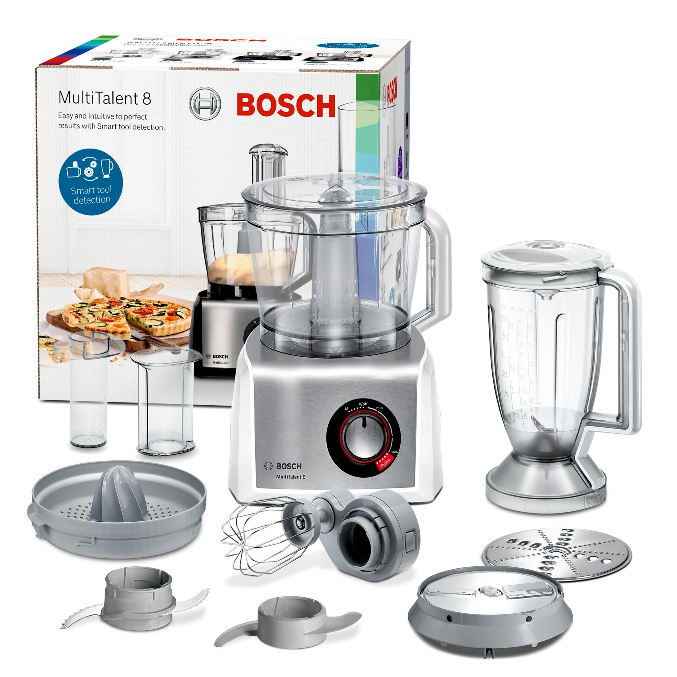 Robot da cucina Bosch MultiTalent 8 con accessori: frullatore, spremiagrumi, frusta e dischi.