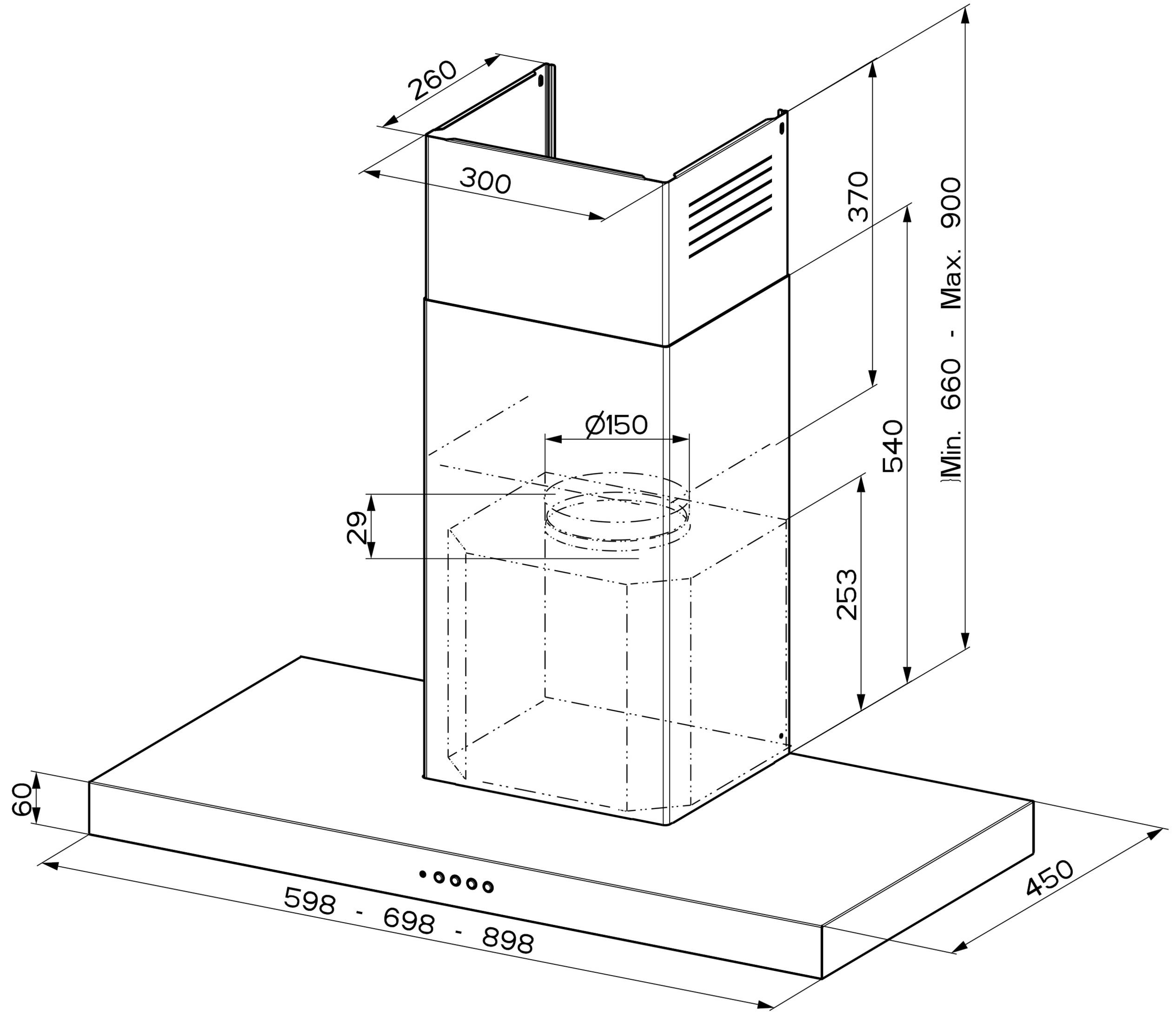 Dibujo técnico de una campana extractora con dimensiones.