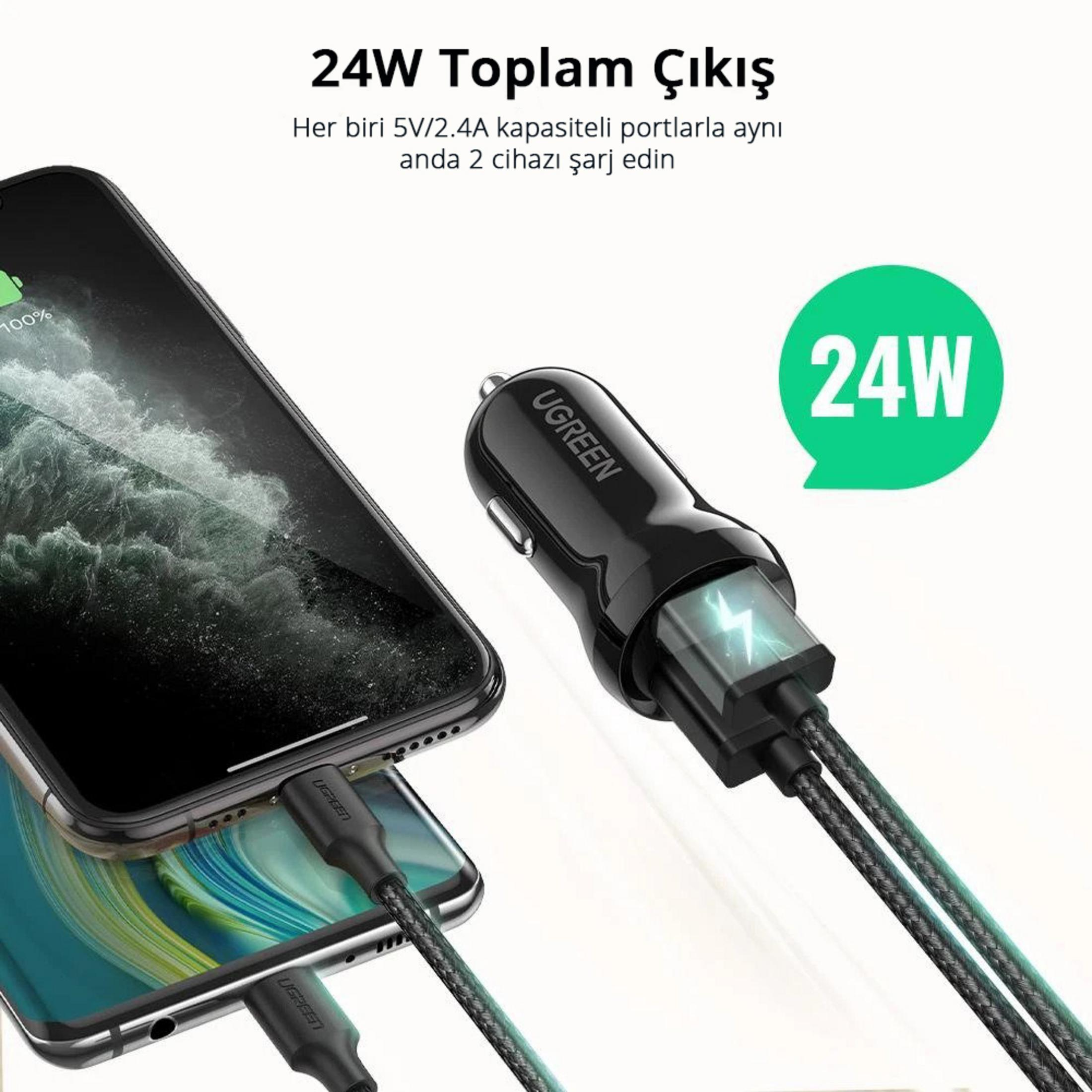 Ein schwarzer UGREEN-Autoladegerät lädt zwei Telefone mit einem 24W-Ausgang.