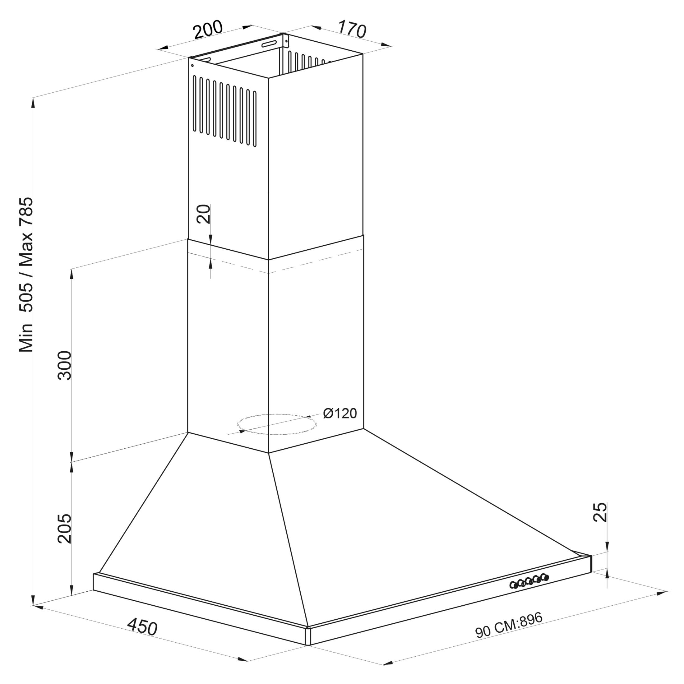 Dibujo técnico de una campana extractora de acero inoxidable con dimensiones.
