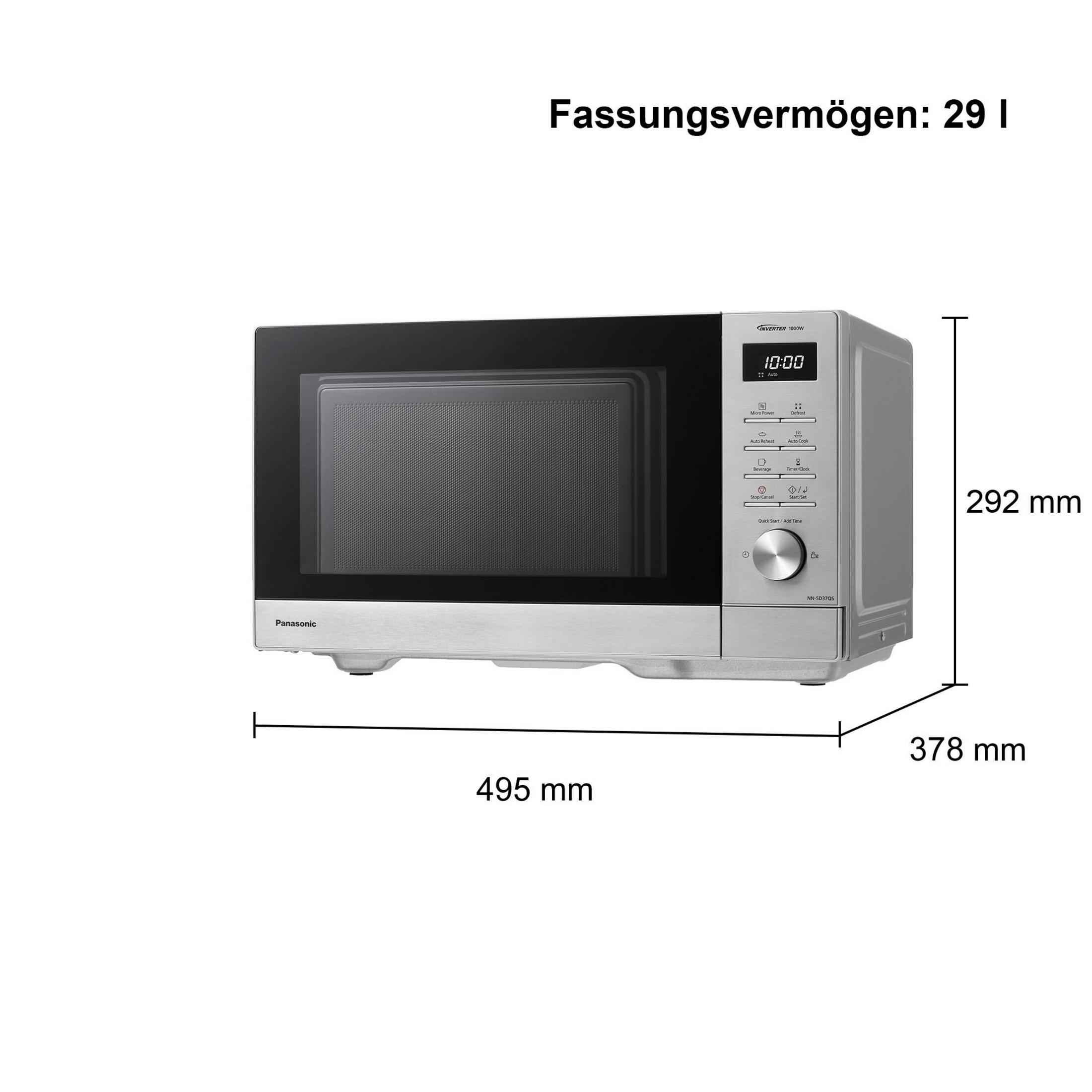 Un forno a microonde Panasonic argentato con pannello touch e display.