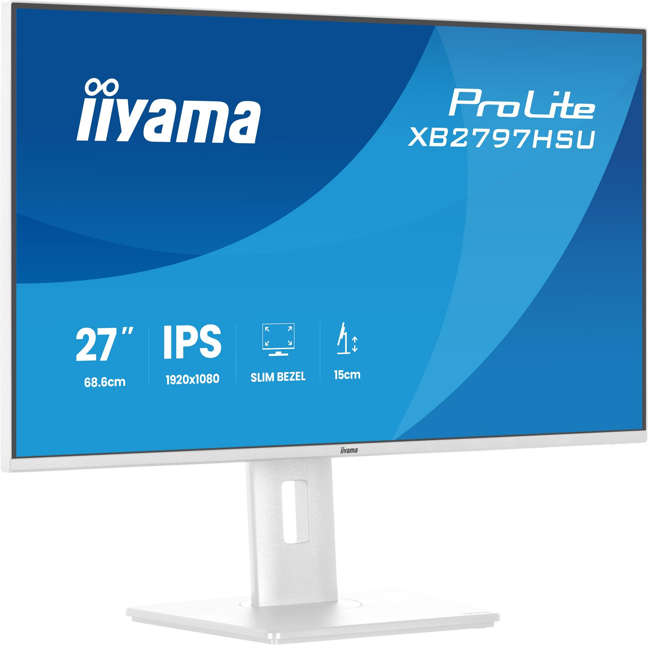 Monitor IPS blanco de 27" con bisel delgado y resolución Full HD.