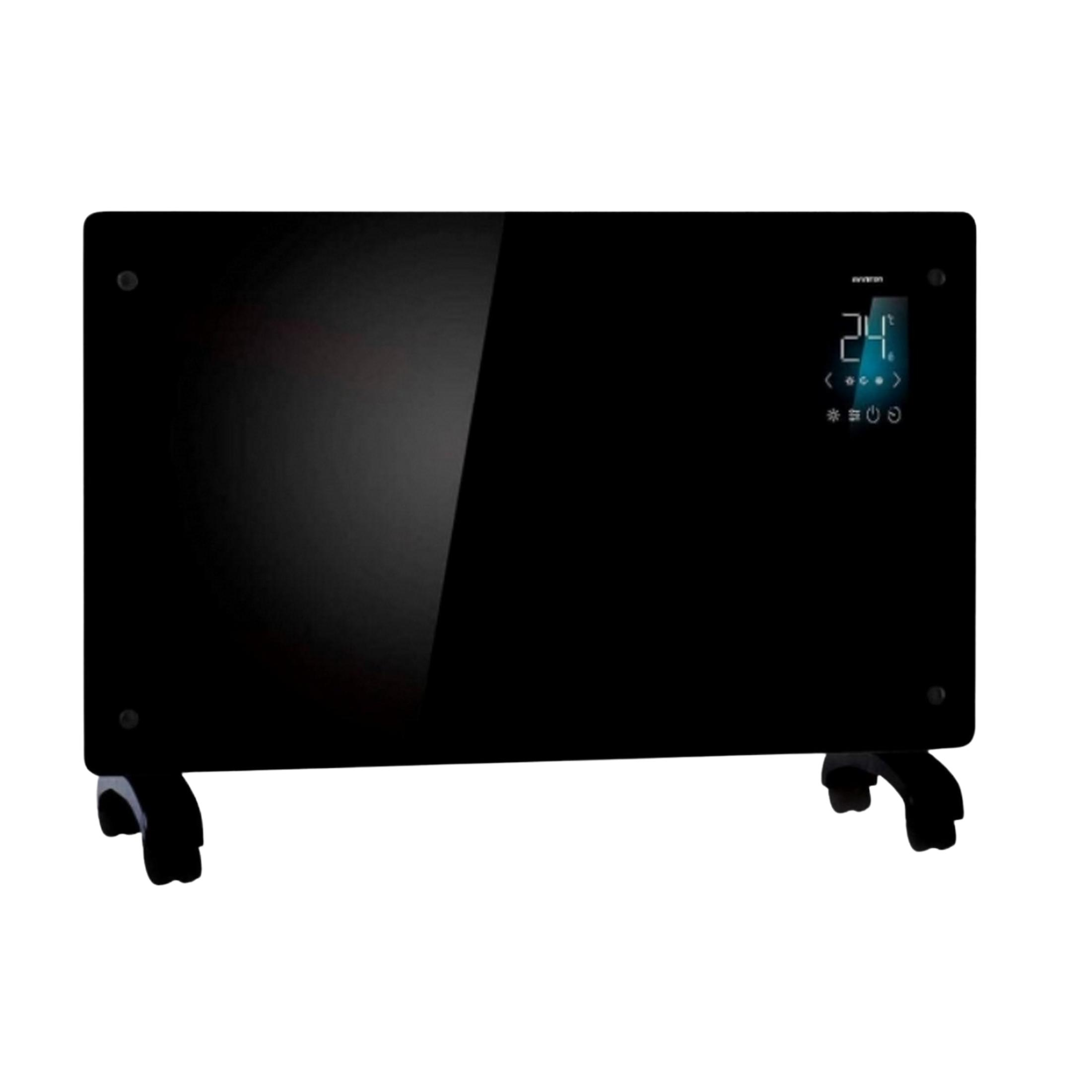 Riscaldatore nero con ruote e display digitale di 24 gradi.