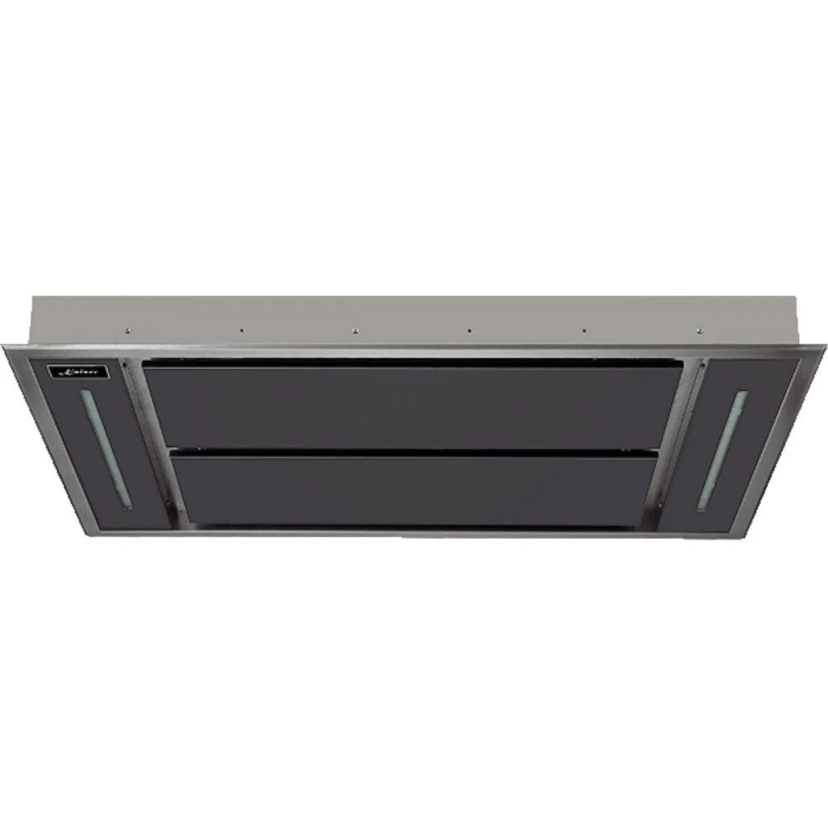 Eine elegante, moderne schwarz-silberne Dunstabzugshaube mit zwei dunklen Glaspaneelen.