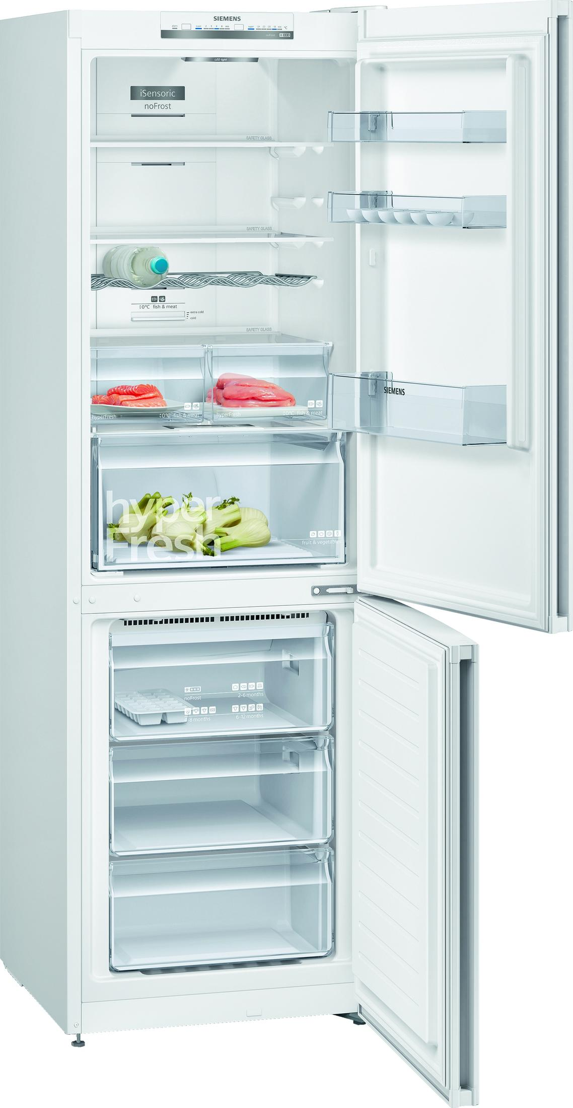 Un frigorífico Siemens blanco con la puerta abierta, lleno de alimentos.