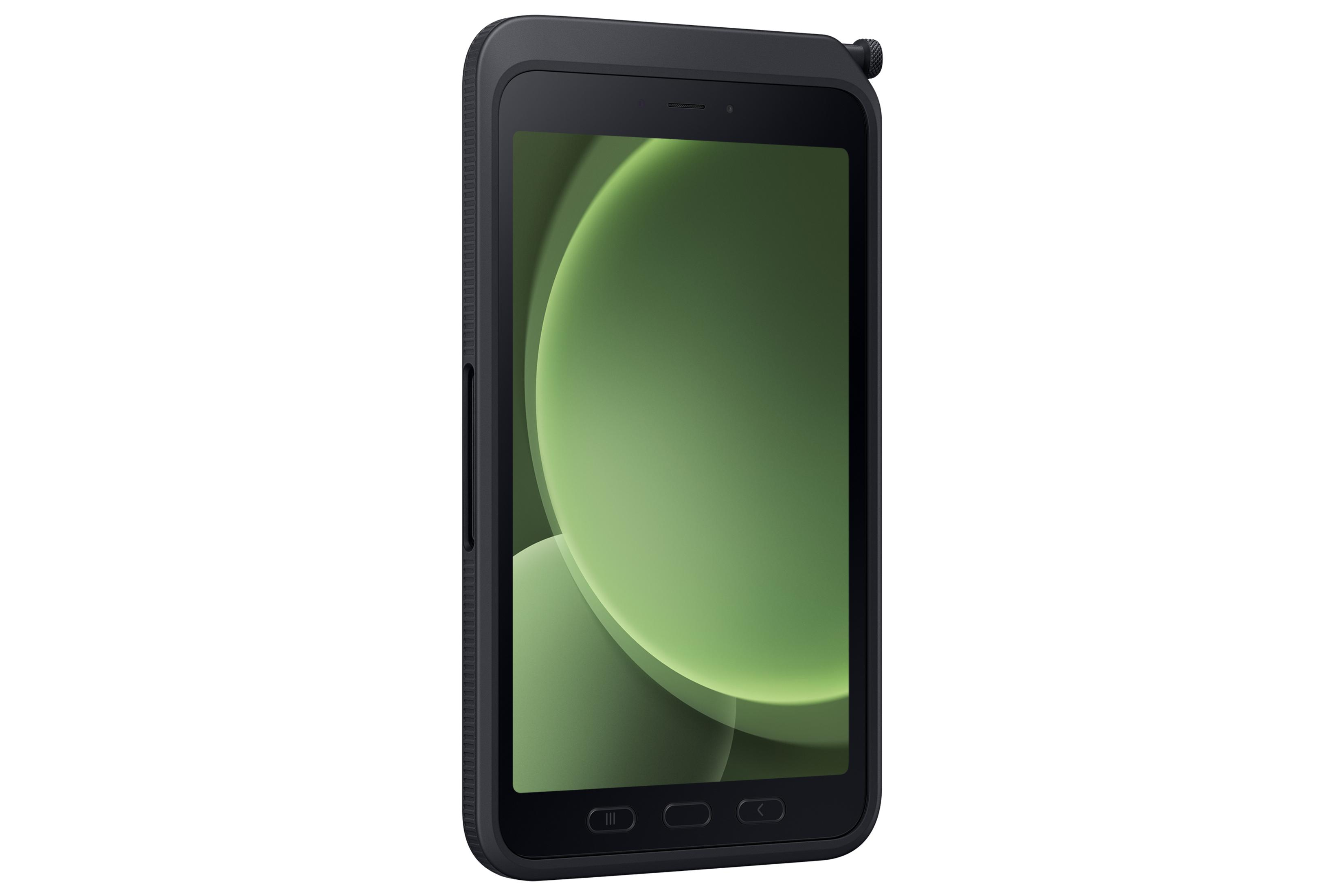 Un teléfono inteligente negro que muestra un fondo de pantalla abstracto verde en su pantalla.