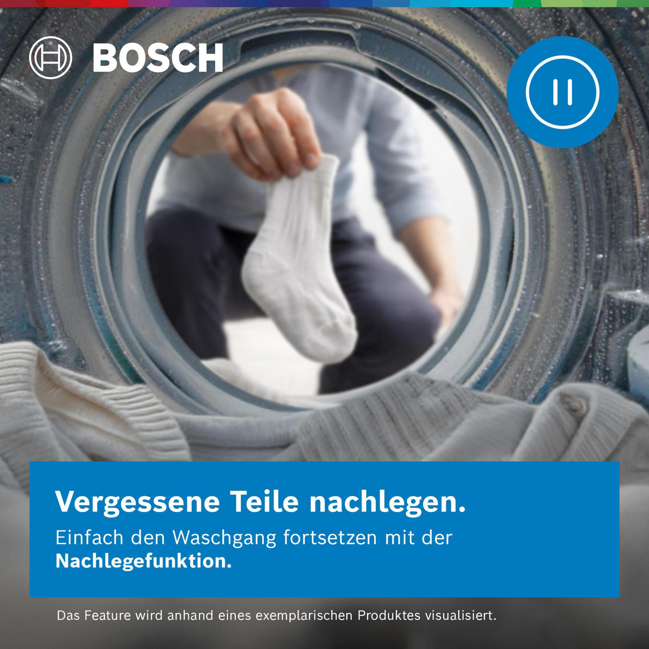 Eine Person legt eine weiße Socke in eine Bosch Waschmaschine.