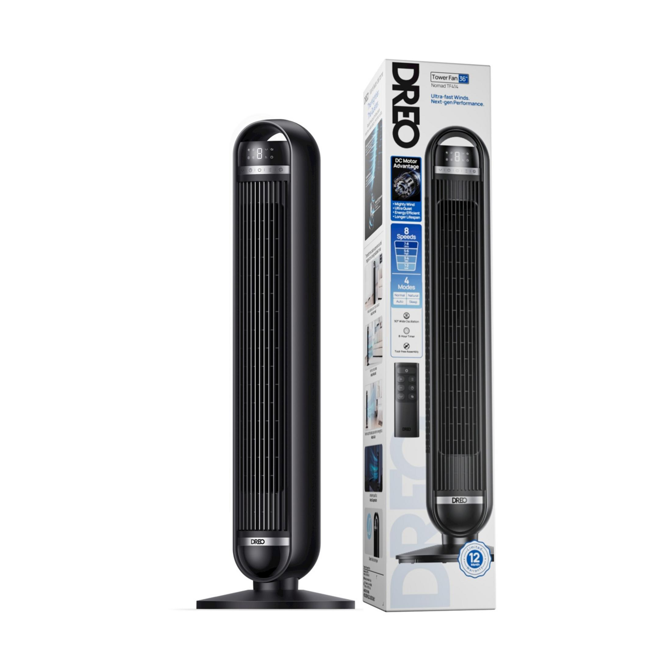 Ein schwarzer DREO Turmventilator steht neben seiner Verpackung und zeigt Produktmerkmale.