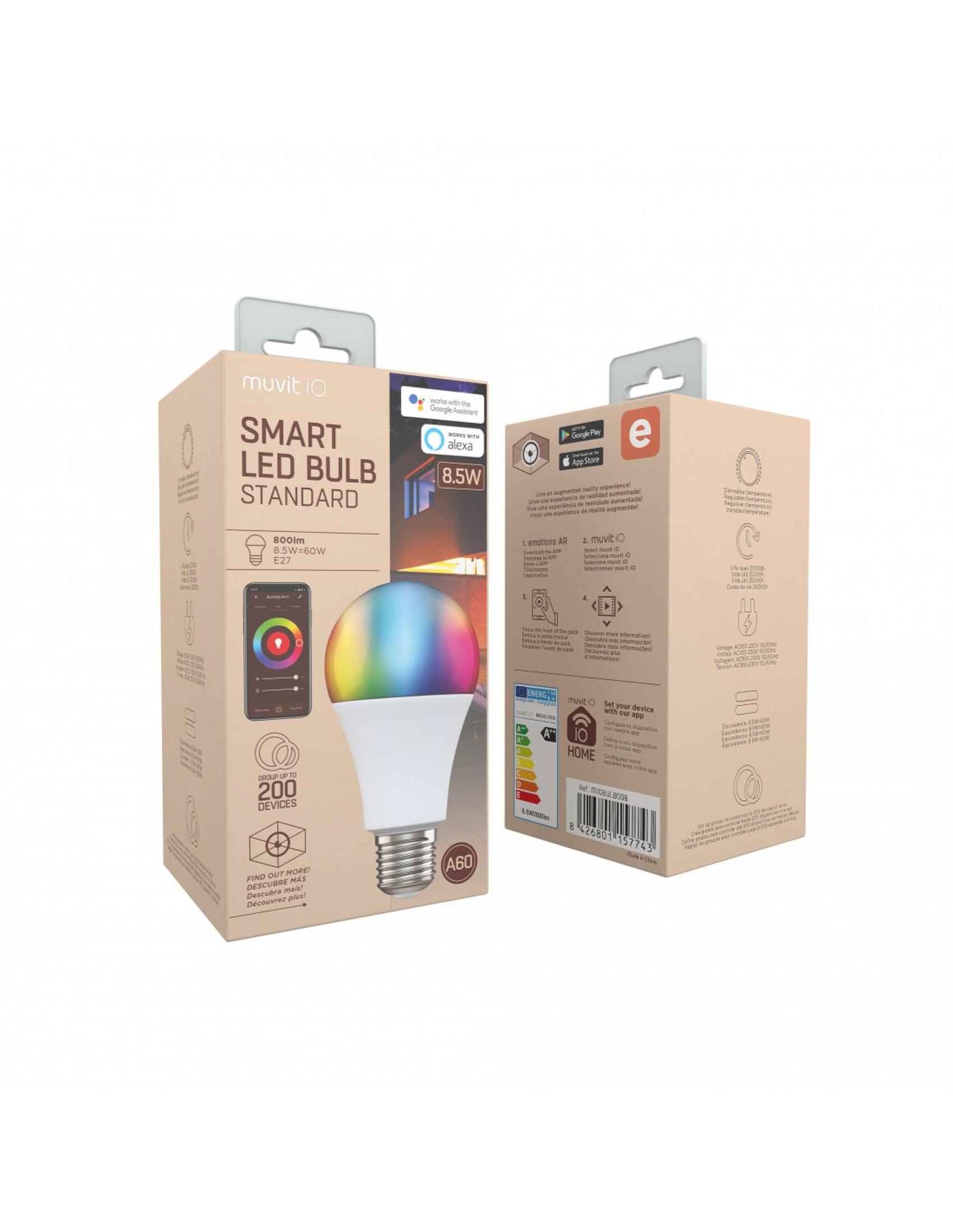 Confezione di una lampadina LED smart muvit io con effetto arcobaleno.