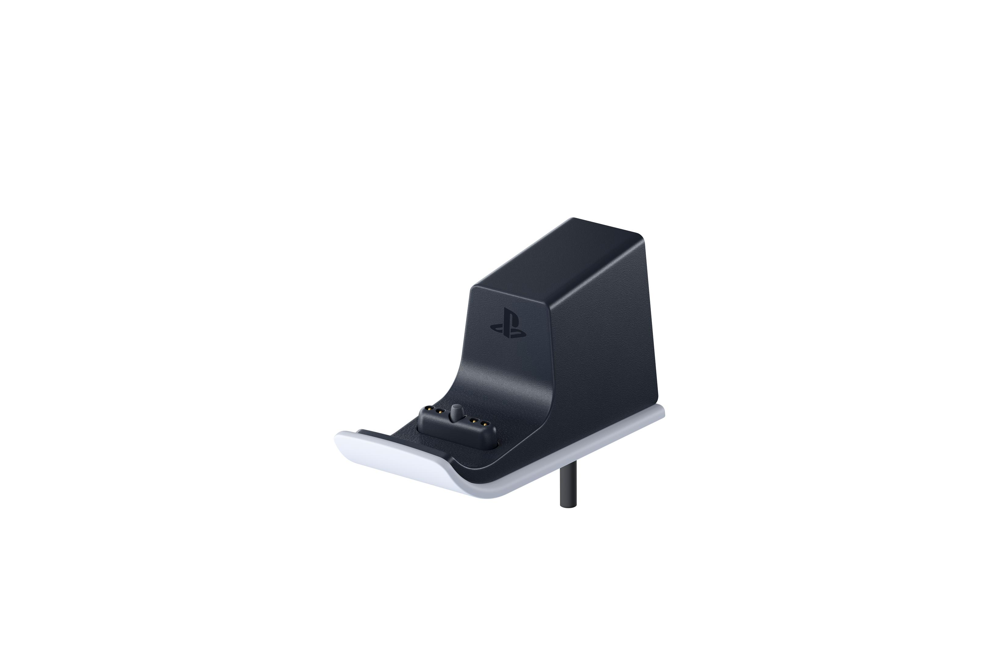 Czarny stojak ładujący z logo Playstation i stykami.