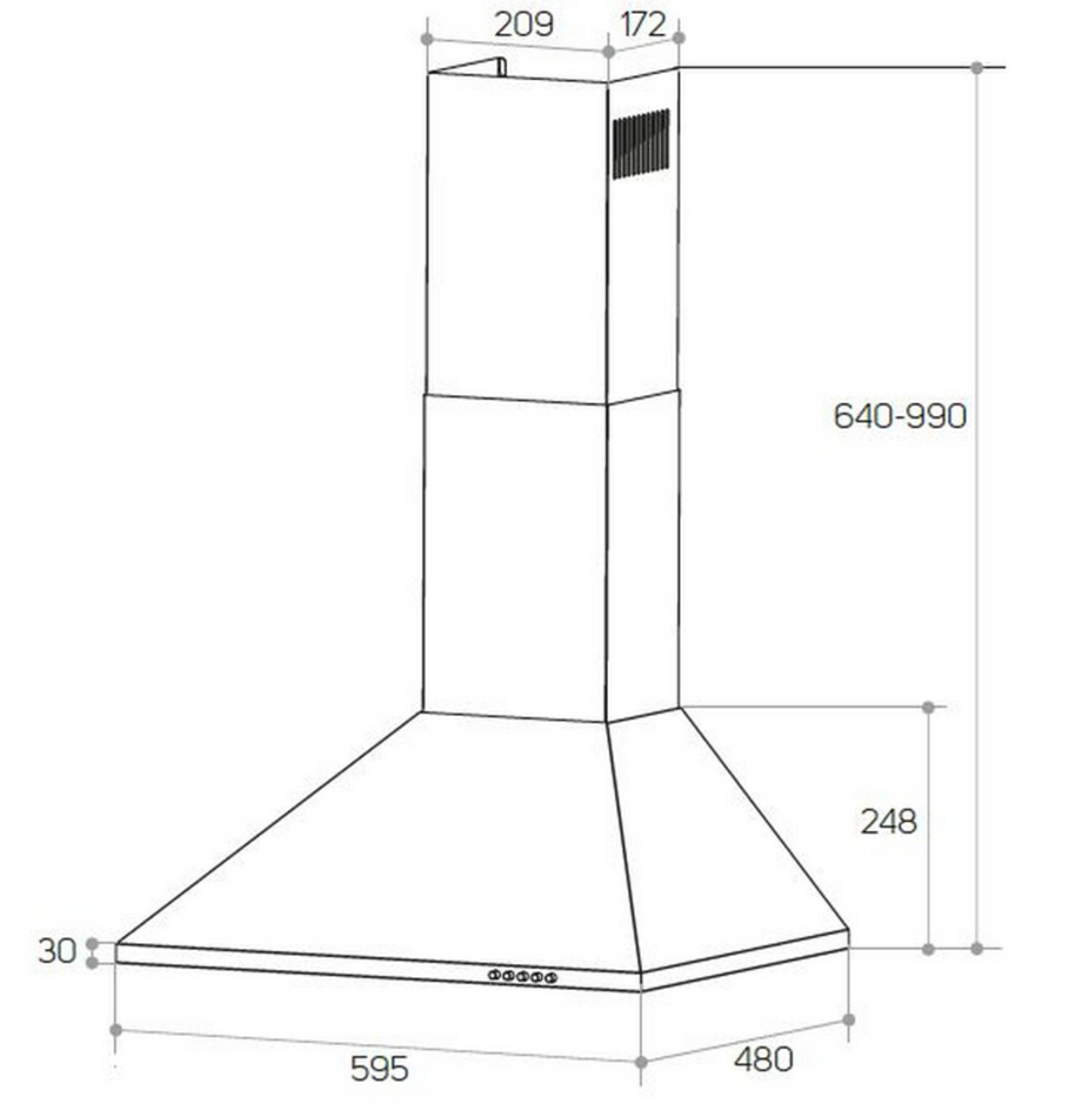 Diagrama de una campana extractora plateada con dimensiones. Tiene una base ancha y una chimenea alta.