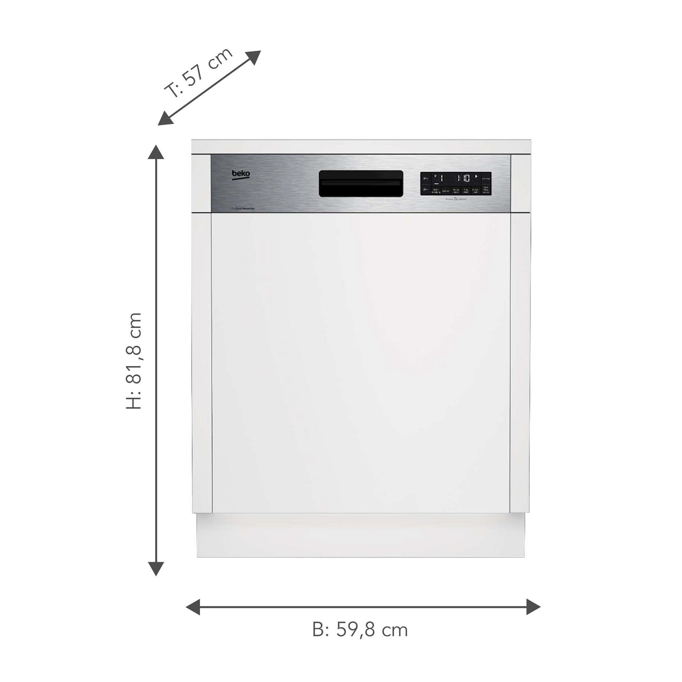Weiße Beko-Spülmaschine mit Metallfront und Display. Maße: H 81,8 cm, B 59,8 cm, T 57 cm.