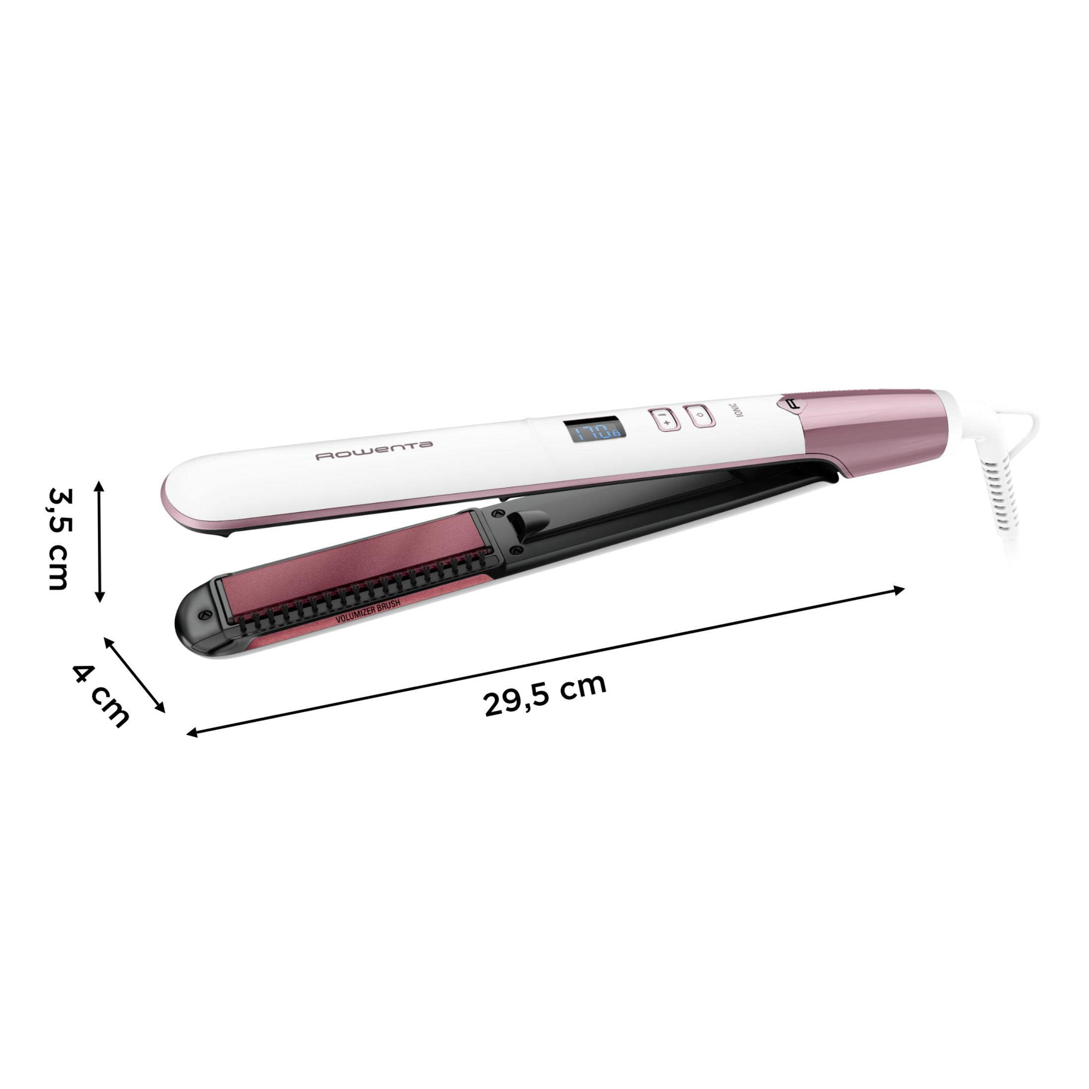 Ein weißer und roségoldener Lockenstab mit digitalen Anzeigen und Maßen.