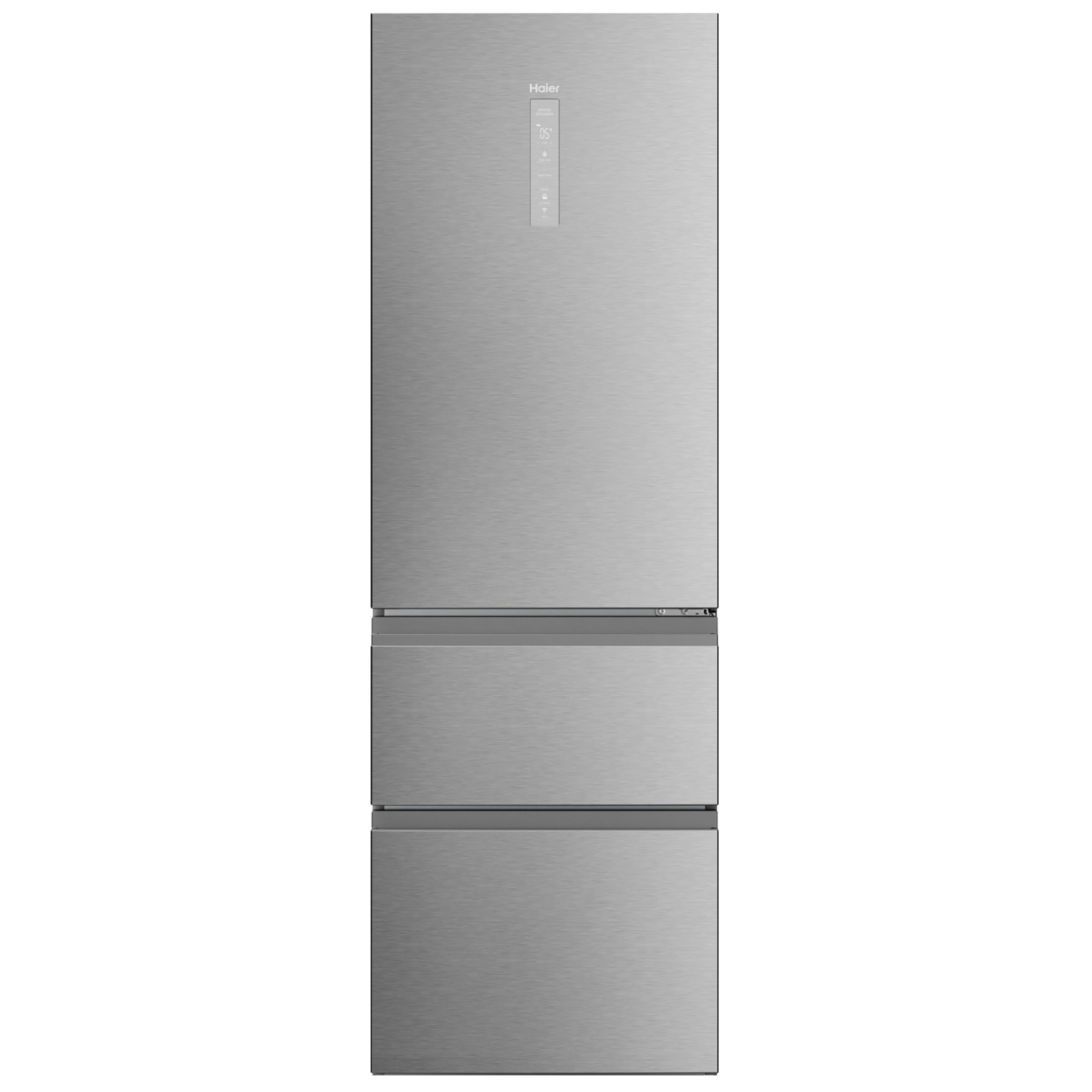 Un refrigerador plateado con tres cajones y pantalla digital.
