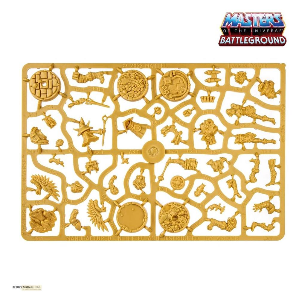 Masters of the Universe Battleground Spritzgussform mit vielen kleinen Plastikfiguren und Zubehör.
