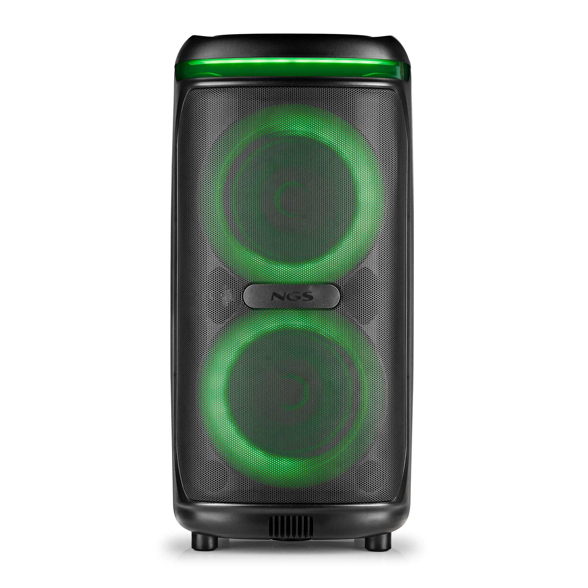 Altavoz negro con luces verdes y logo NGS.