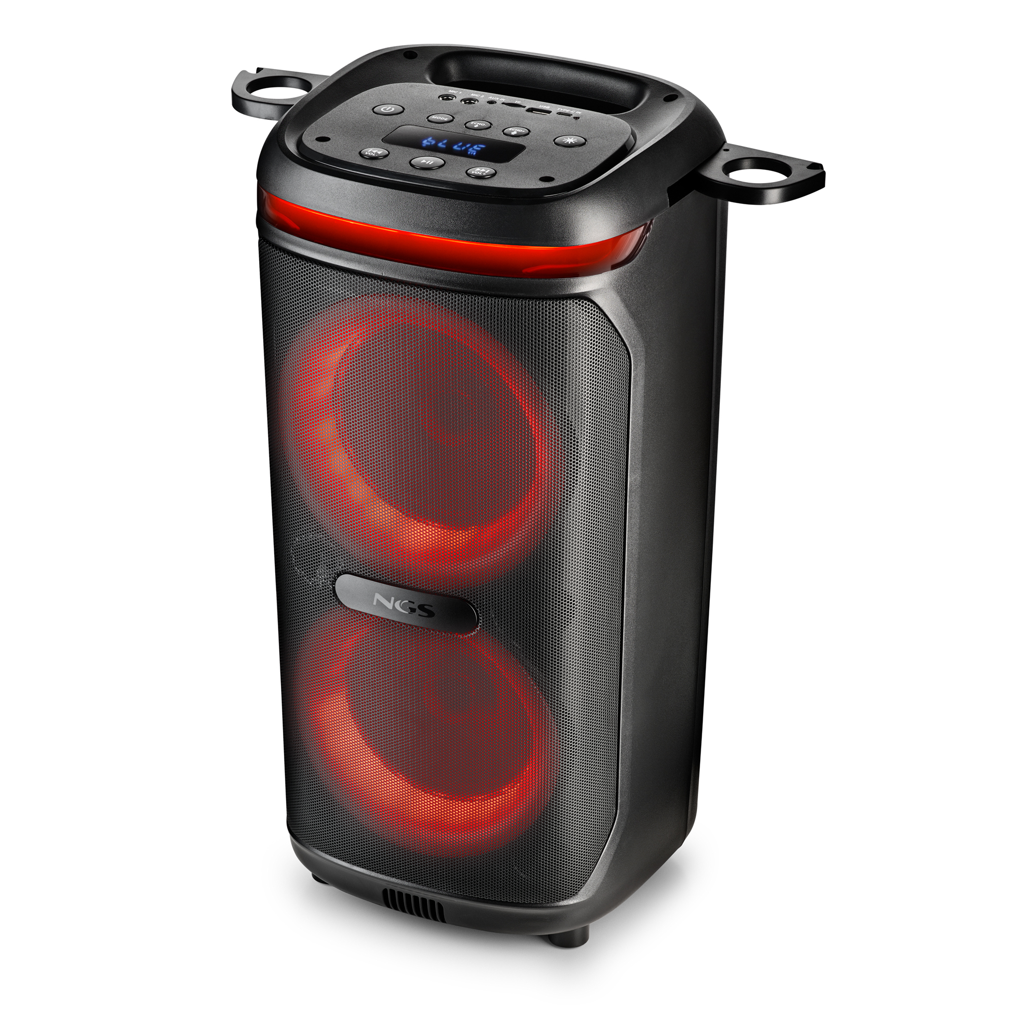Altavoz negro con luces rojas y controles en la parte superior.