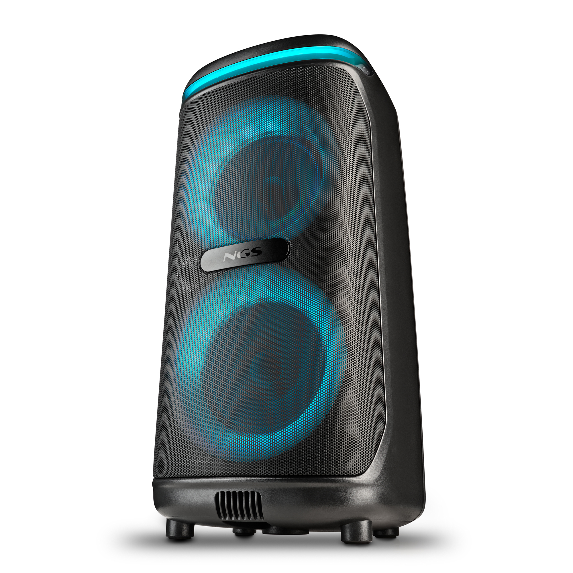 Schwarzer Lautsprecher mit blauen LED-Ringen und NGS-Logo.
