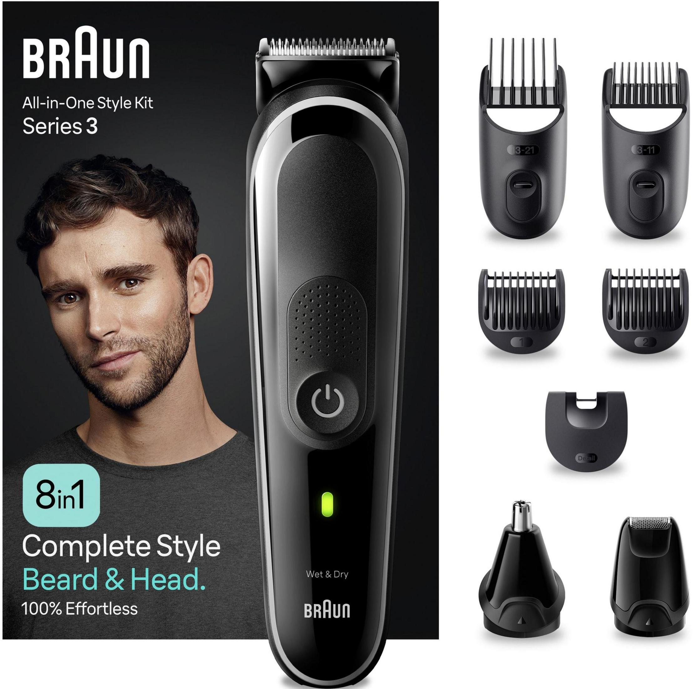 Braun Series 3 All-in-One Style Kit mit Trimmer, Kämmen, Nasentrimmer und Detailrasierer.