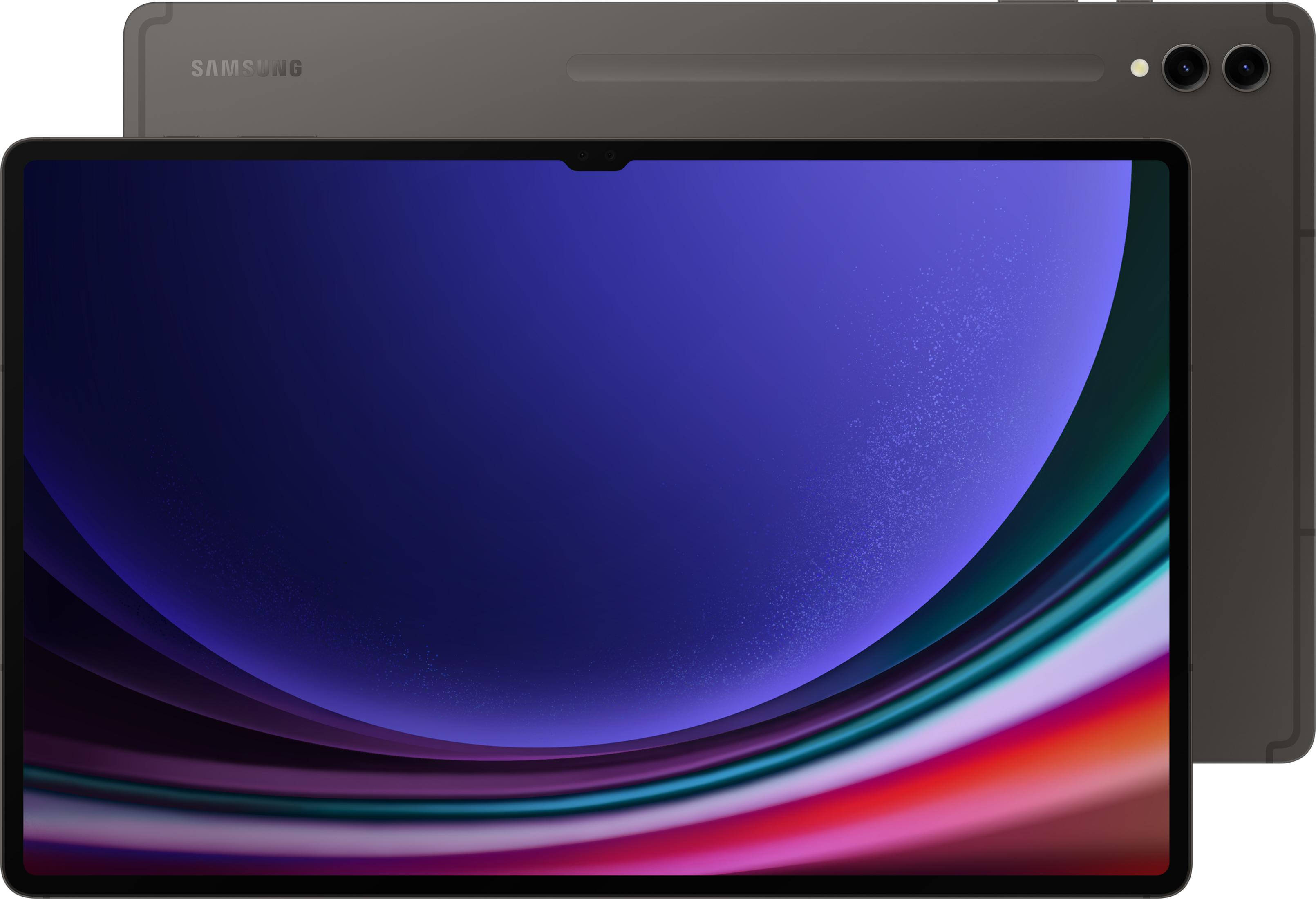 Ein dunkles Samsung Tablet mit einem bunten Hintergrund auf dem Bildschirm.