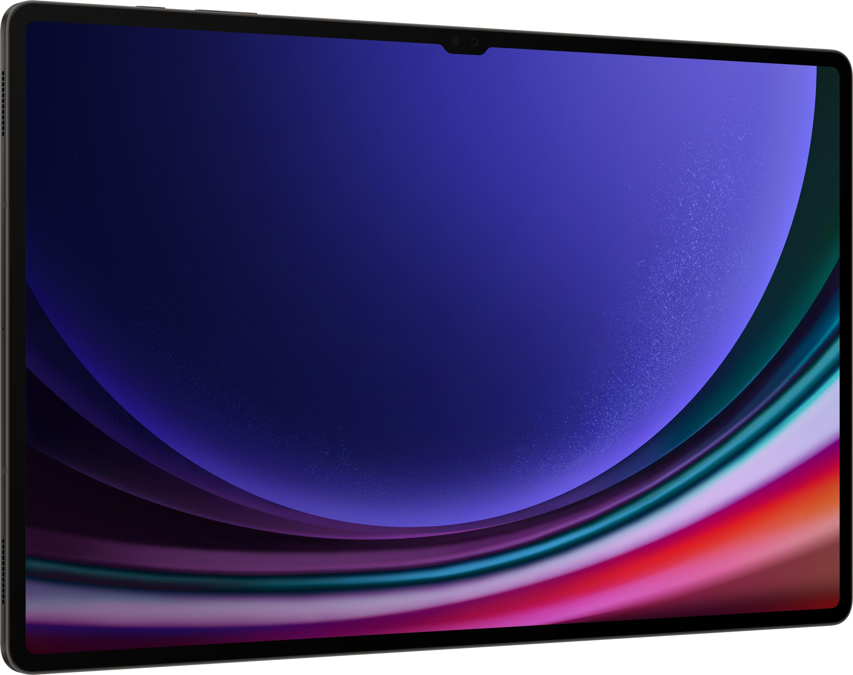Ein schwarzes Tablet mit einem abstrakten, bunten Hintergrund auf dem Bildschirm.