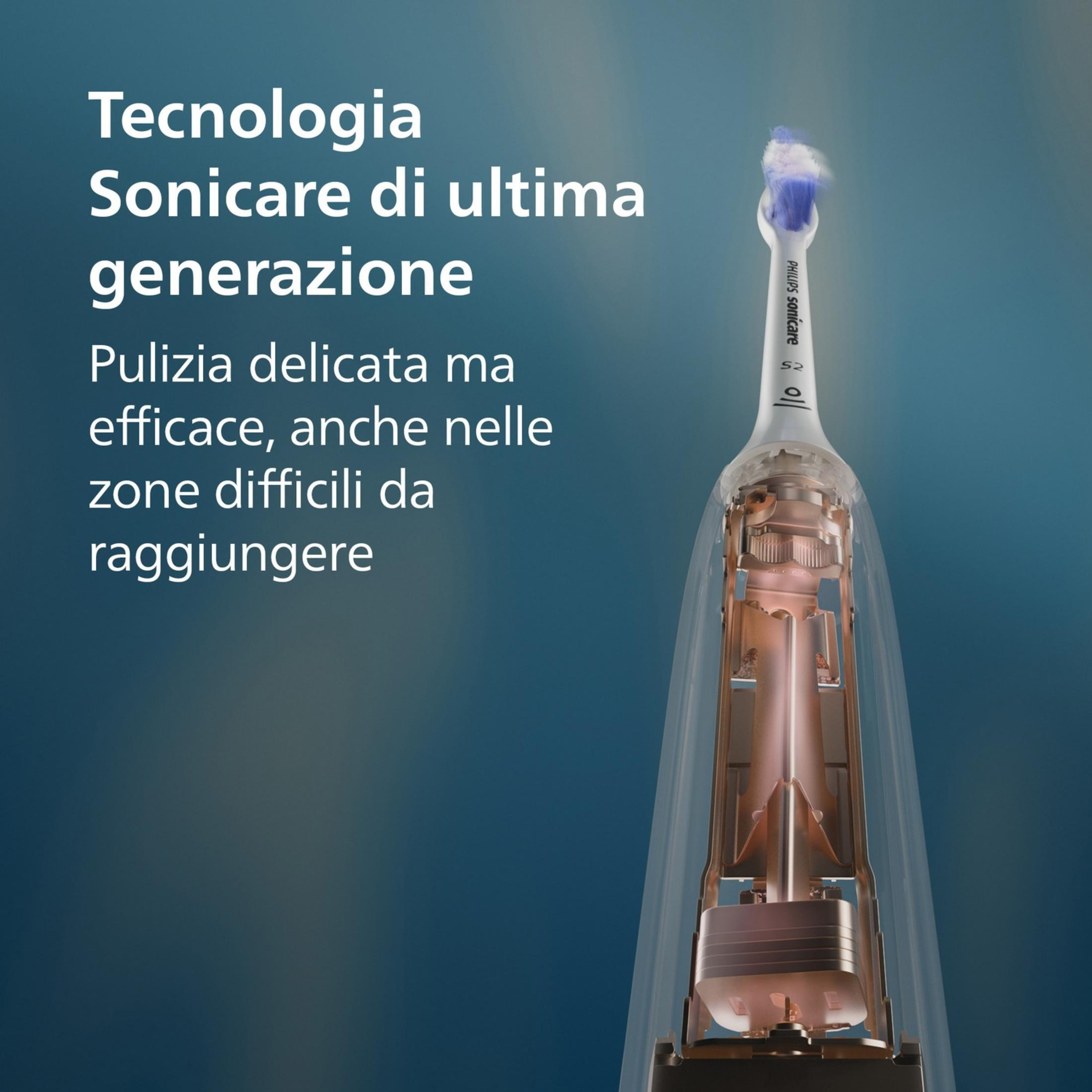 Cepillo de dientes sónico transparente con cerdas azules y partes internas plateadas.