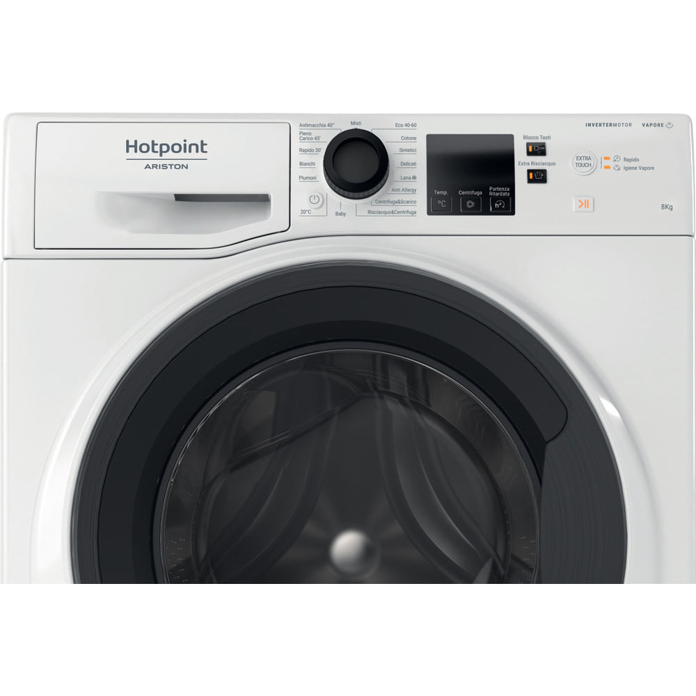 Lavatrice bianca Hotpoint Ariston con display digitale e oblò tondo.